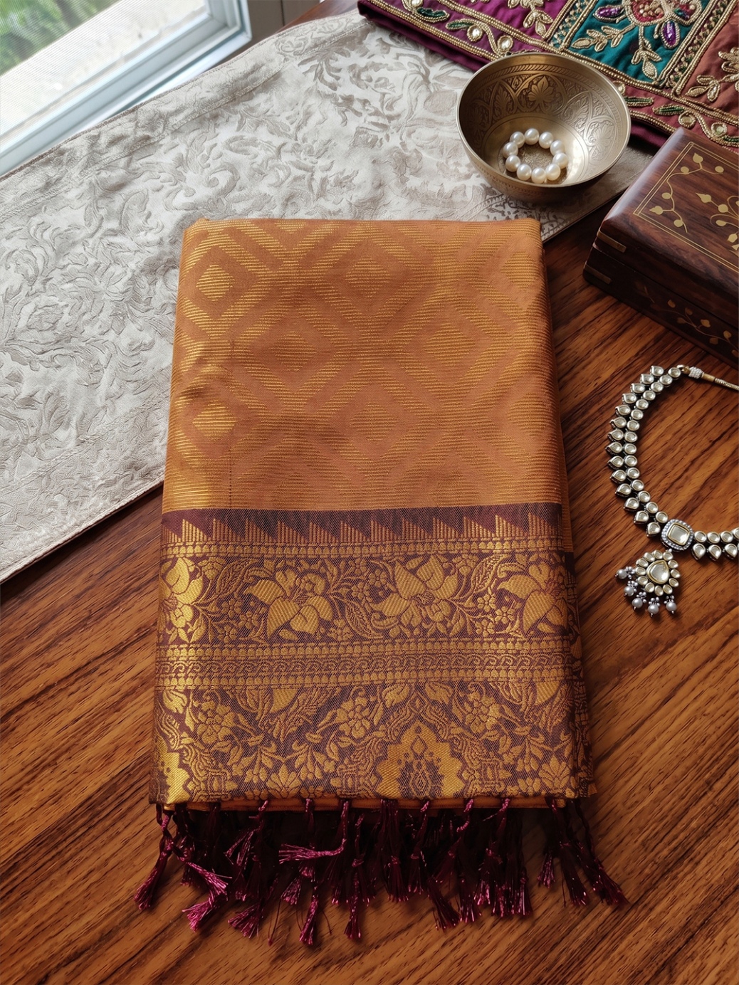 Rust Geometric Woven Designer Silk Saree