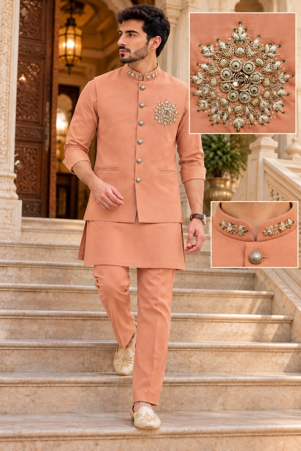 Rust Hand Designer Viscose Linen Kurta Pyjama