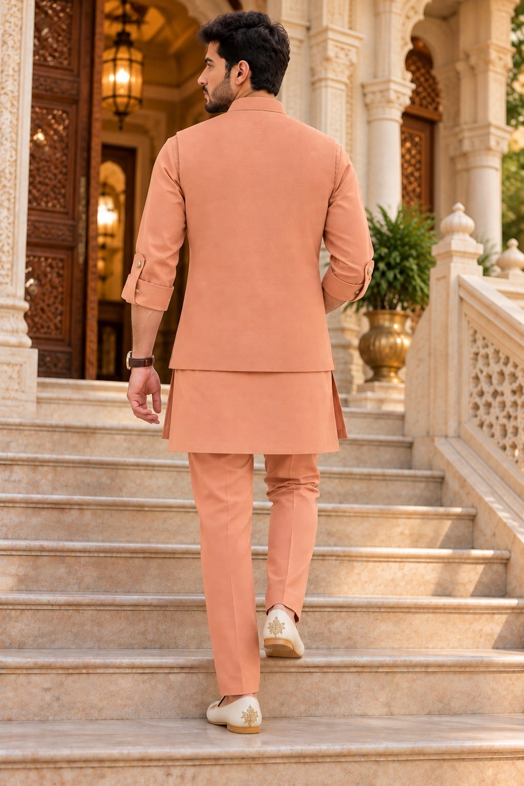 Rust Hand Designer Viscose Linen Kurta Pyjama — alternate view