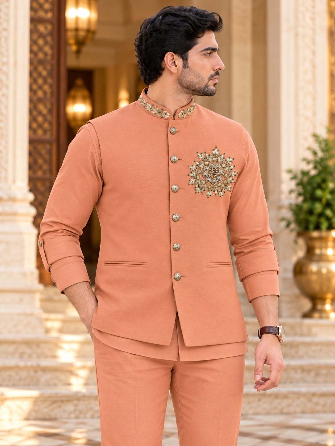 Rust Hand Designer Viscose Linen Shirt Pyjama