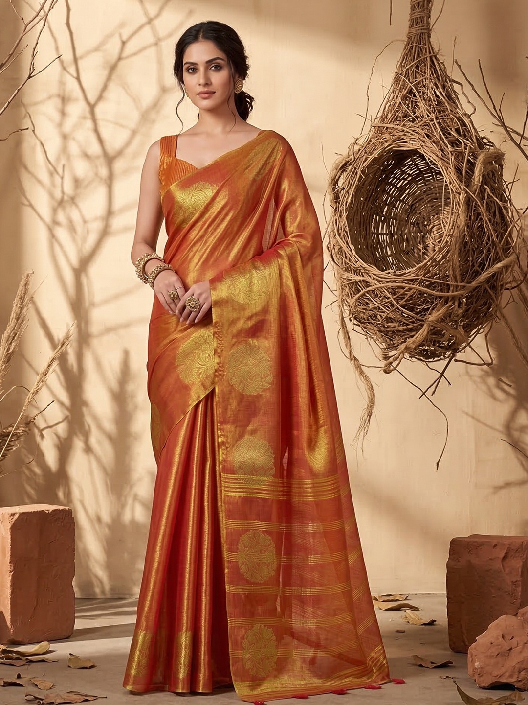 Rust Heritage Zari Tissue Silk Saree