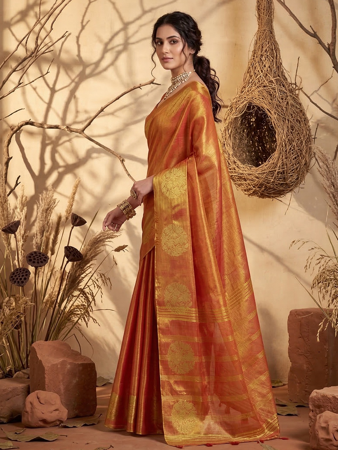 Rust Heritage Zari Tissue Silk Saree