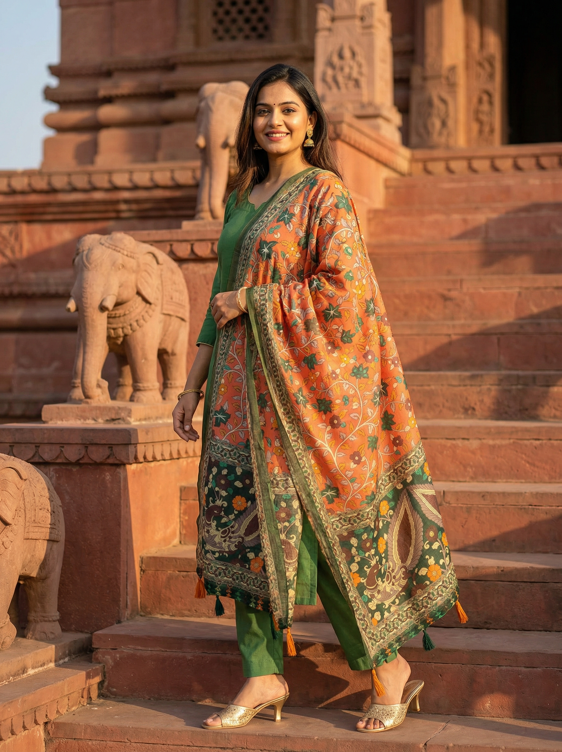 Rust Kalamkari Heritage Linen Silk Designer Dupatta