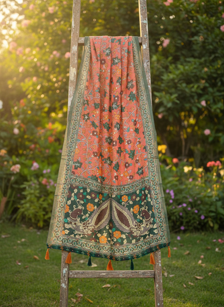 Rust Kalamkari Heritage Linen Silk Designer Dupatta