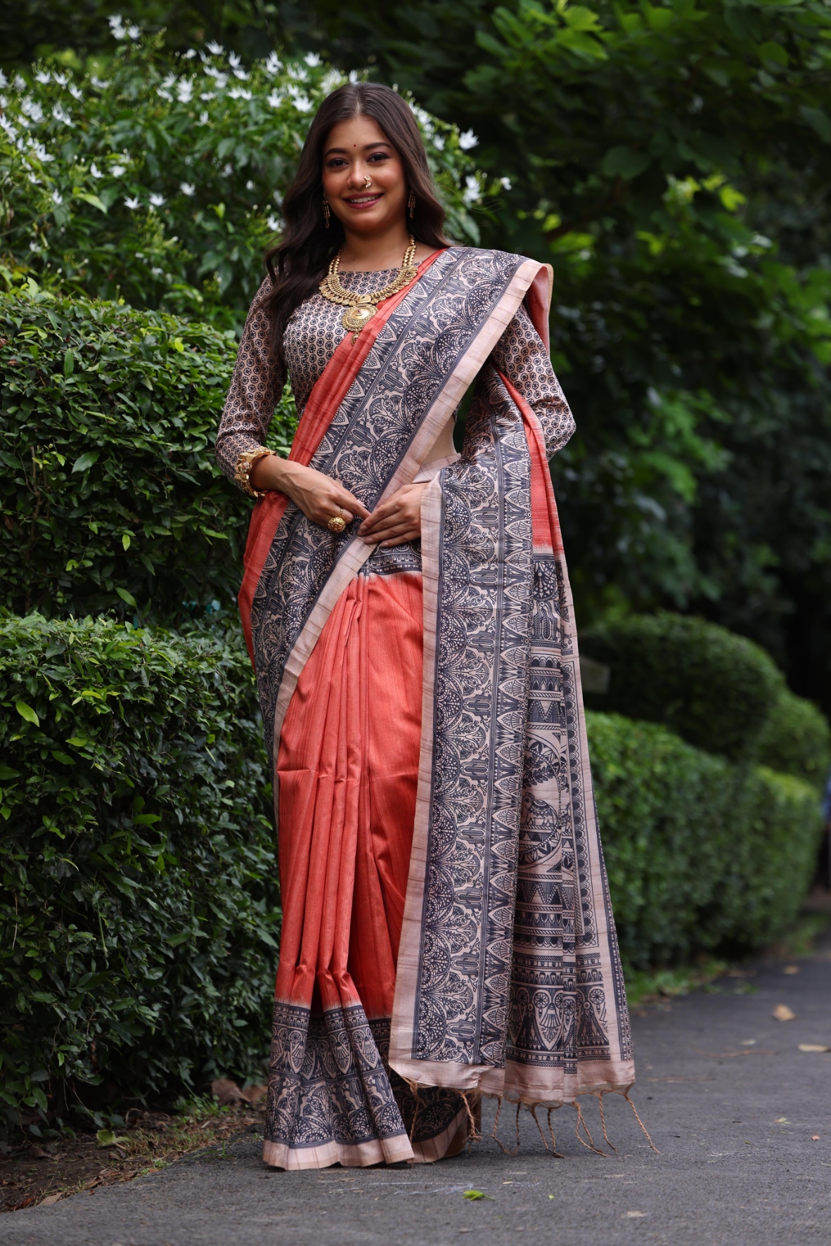 Rust Madhubani Printed Tussar Silk Saree