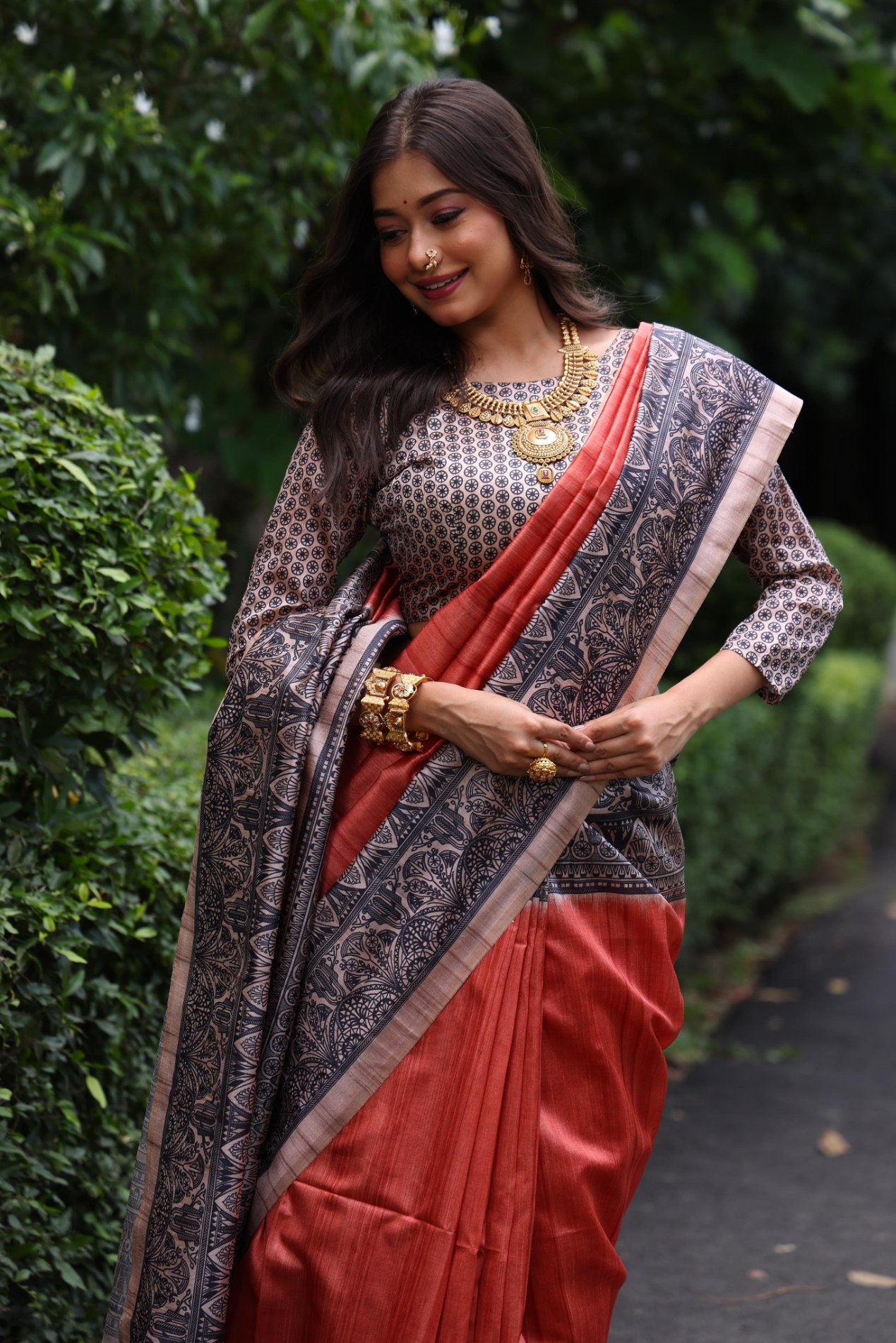 Rust Madhubani Printed Tussar Silk Saree — alternate view
