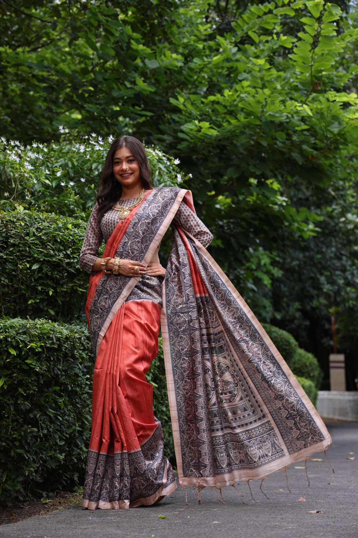 Rust Madhubani Printed Tussar Silk Saree