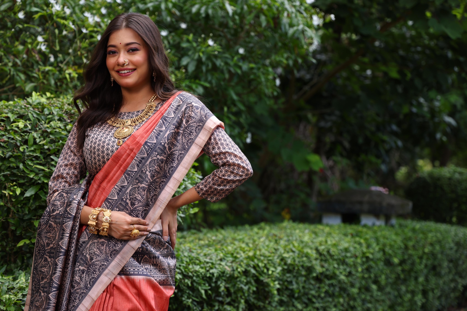 Rust Madhubani Printed Tussar Silk Saree