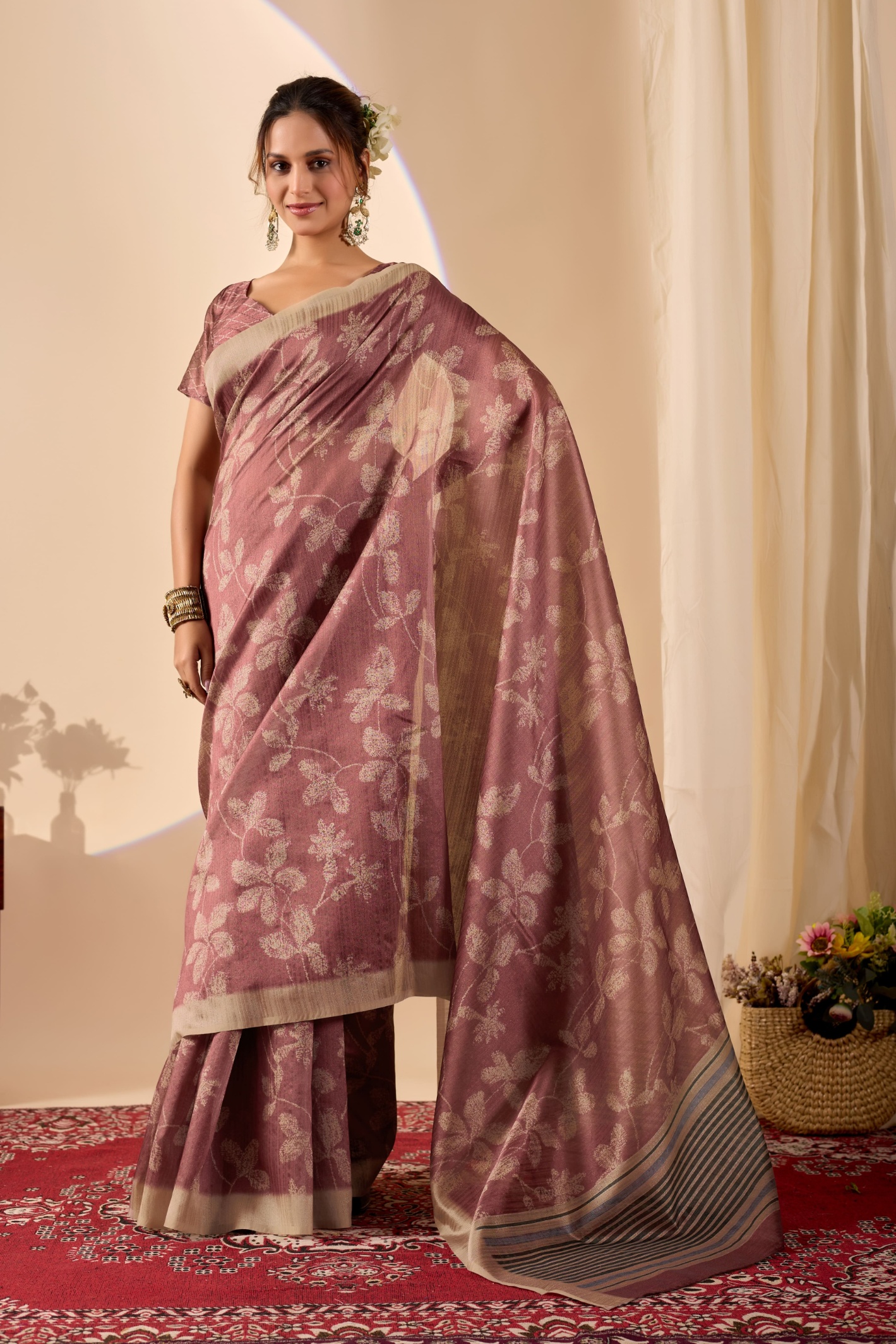 Rust Metallic Floral Jute Silk Ready To Wear Saree