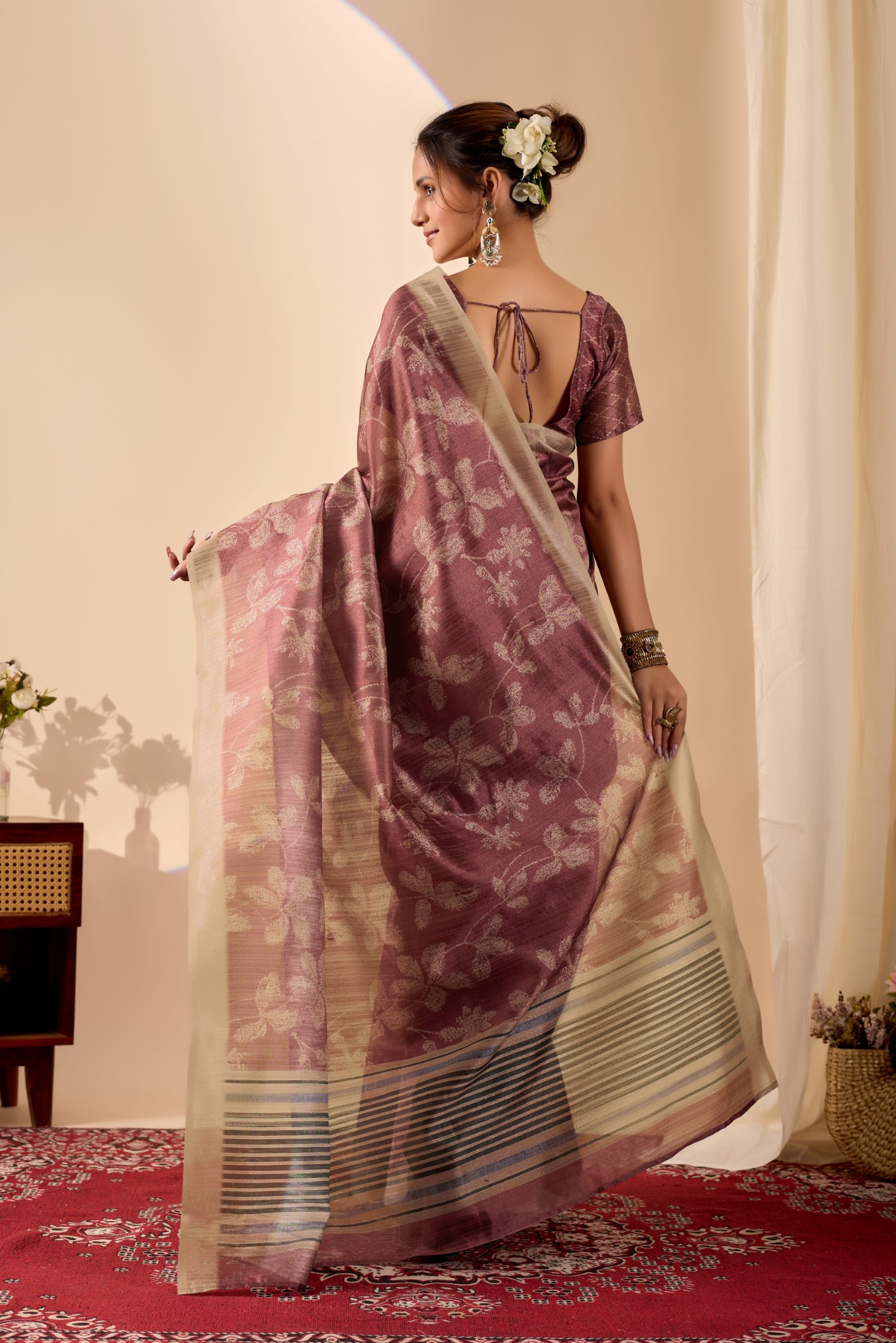 Rust Metallic Floral Jute Silk Ready To Wear Saree — alternate view
