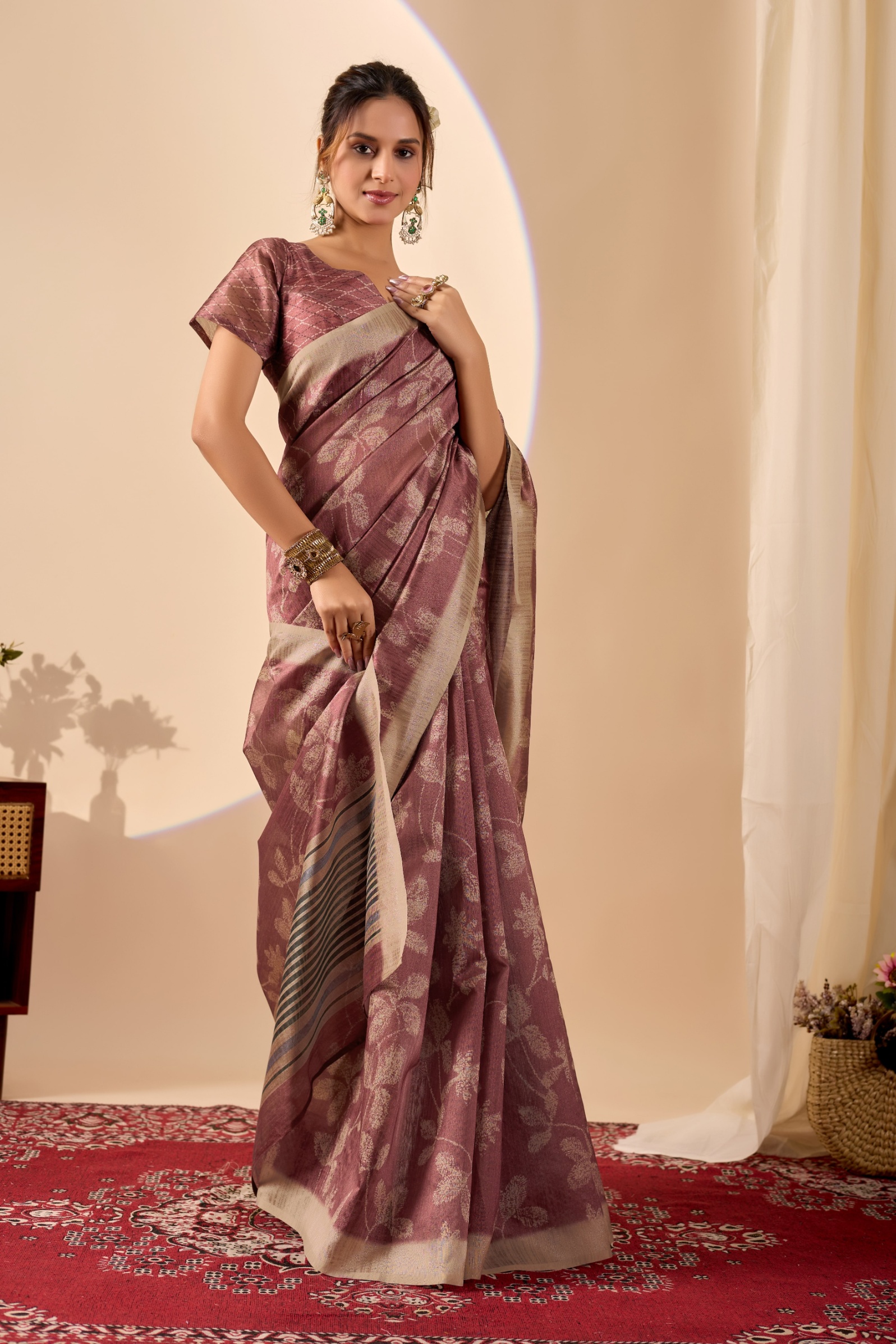 Rust Metallic Floral Jute Silk Ready To Wear Saree