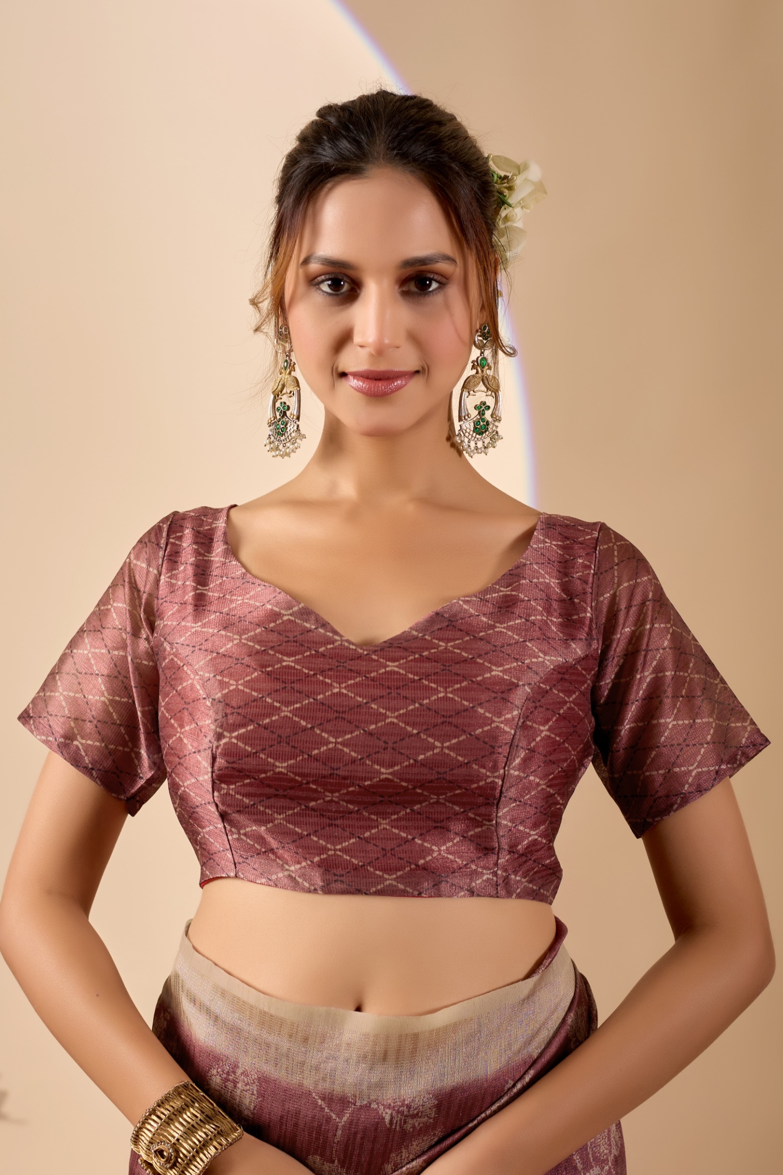 Rust Metallic Floral Jute Silk Ready To Wear Saree