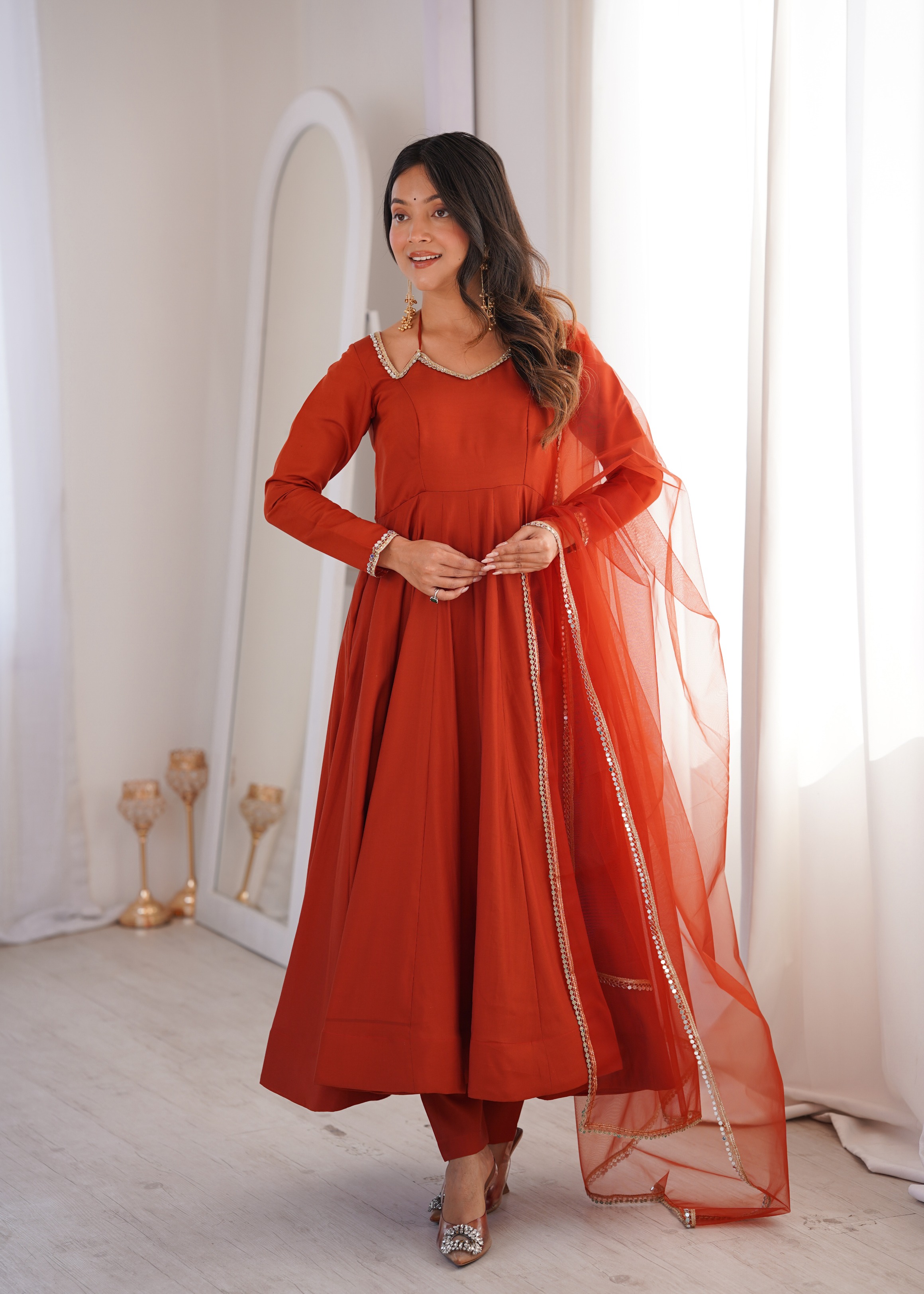Rust Mirror Lace Roman Silk Anarkali Suit