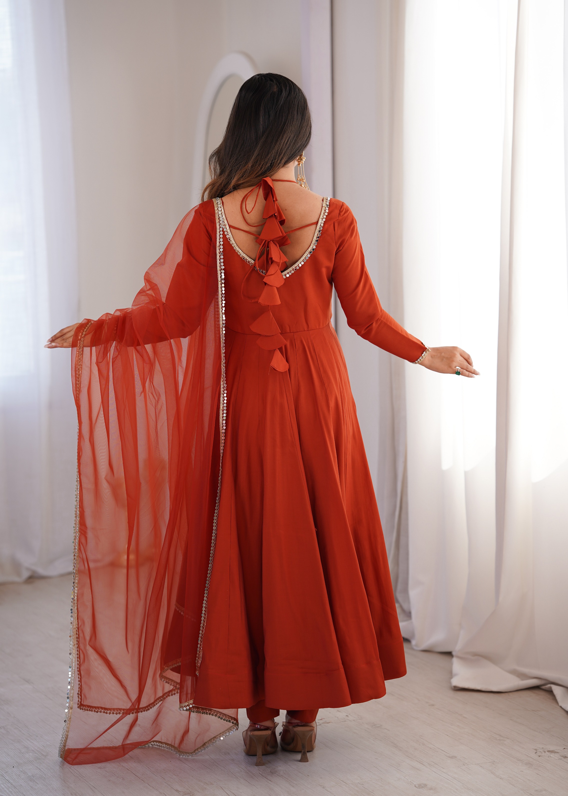 Rust Mirror Lace Roman Silk Anarkali Suit — alternate view
