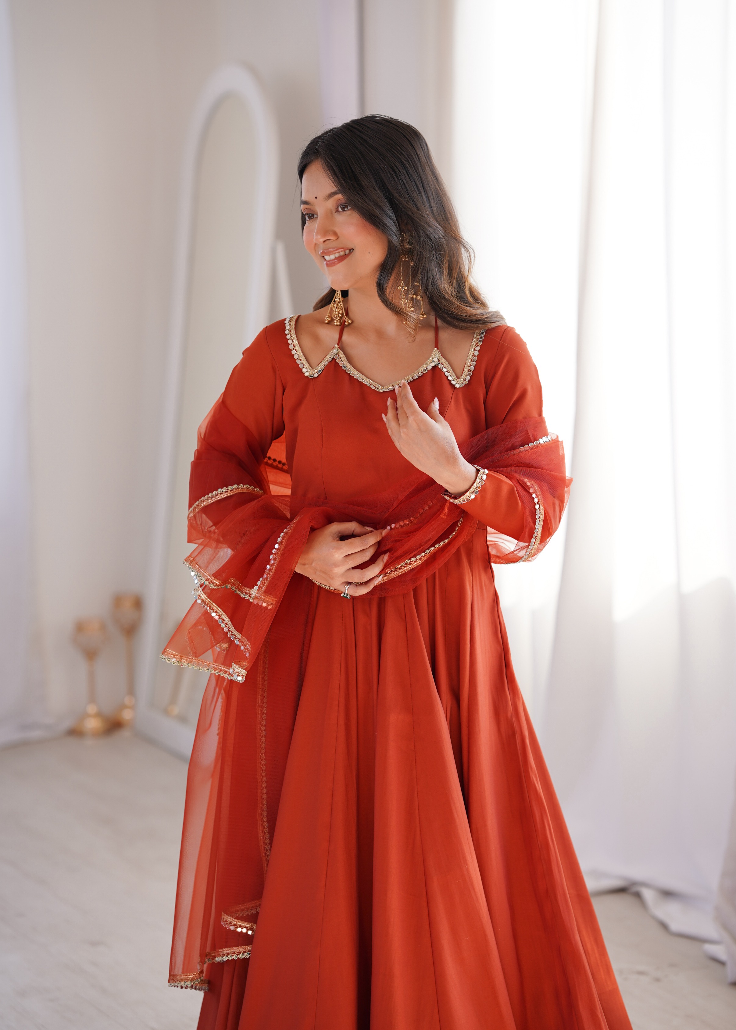 Rust Mirror Lace Roman Silk Anarkali Suit