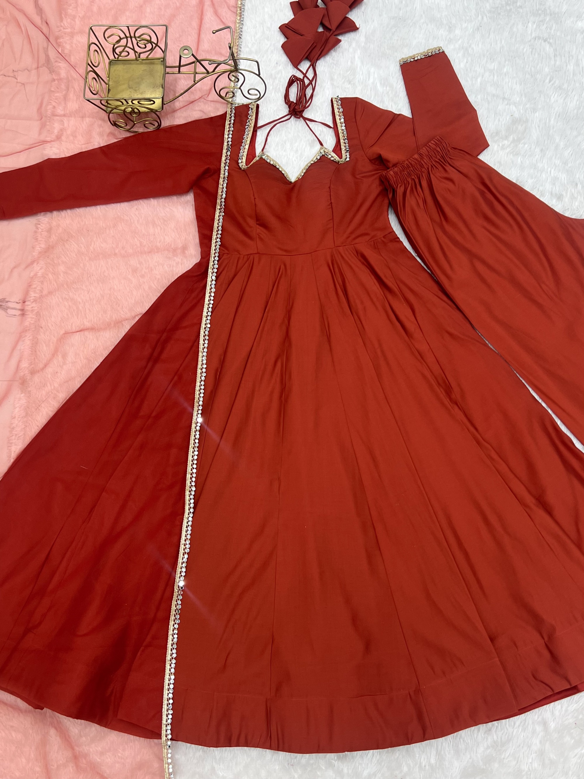 Rust Mirror Lace Roman Silk Anarkali Suit