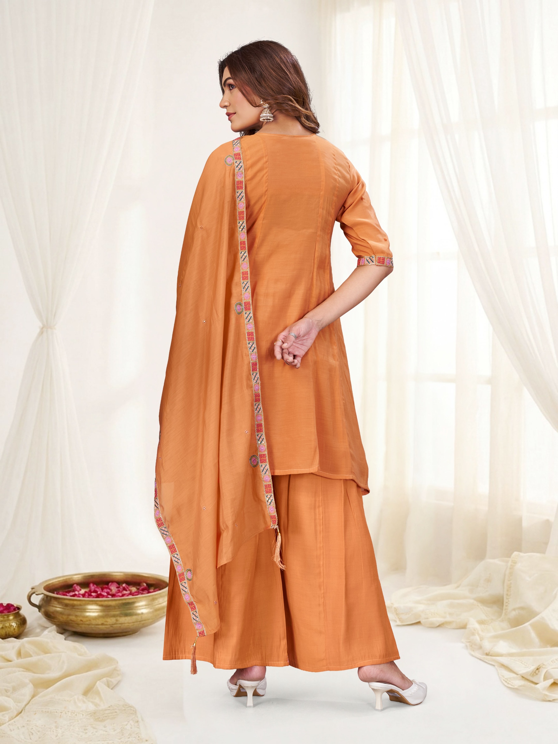 Rust Multi-Thread Embroidery Mal Chenderi Palazzo Suit — alternate view
