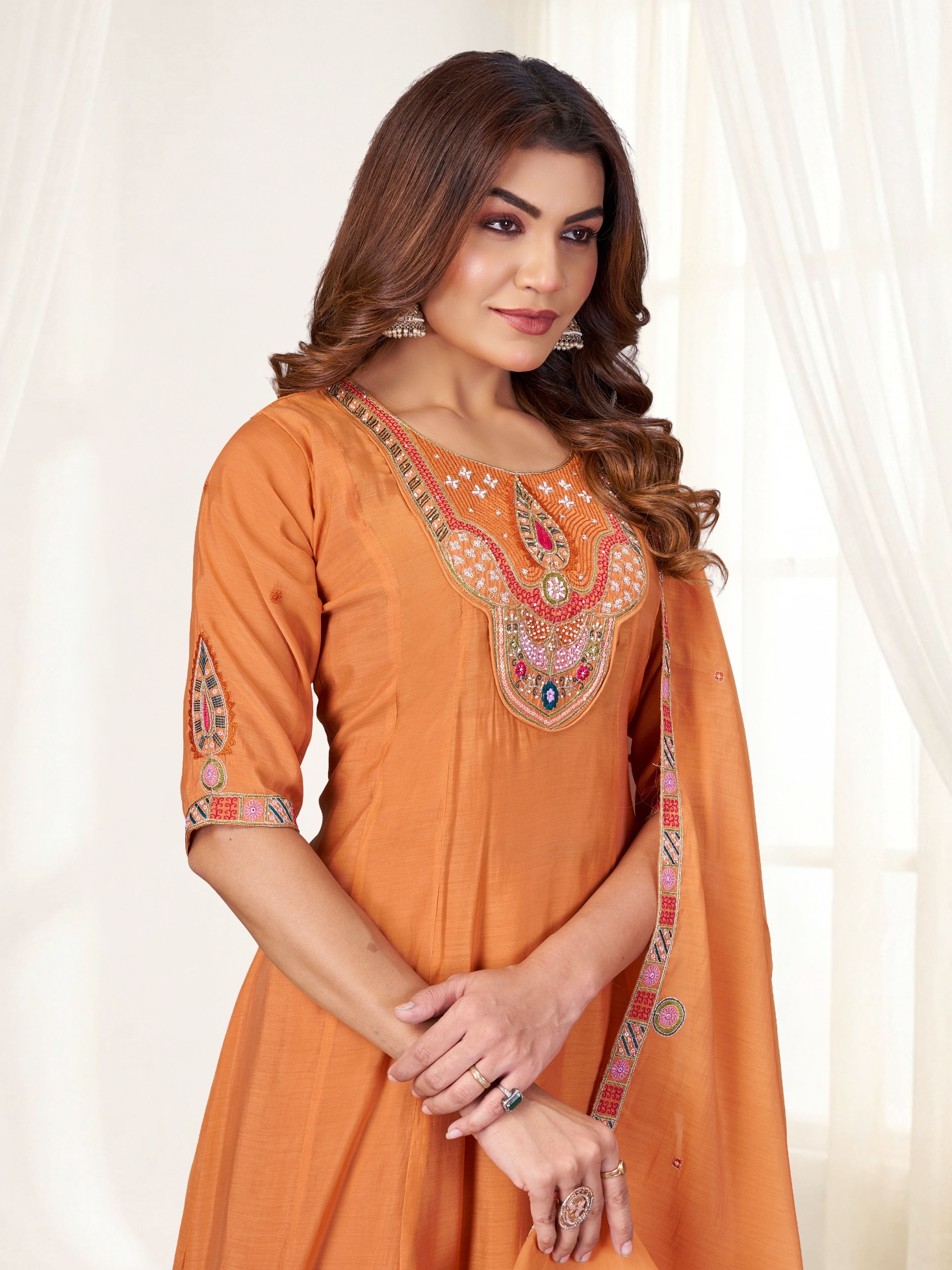 Rust Multi-Thread Embroidery Mal Chenderi Palazzo Suit