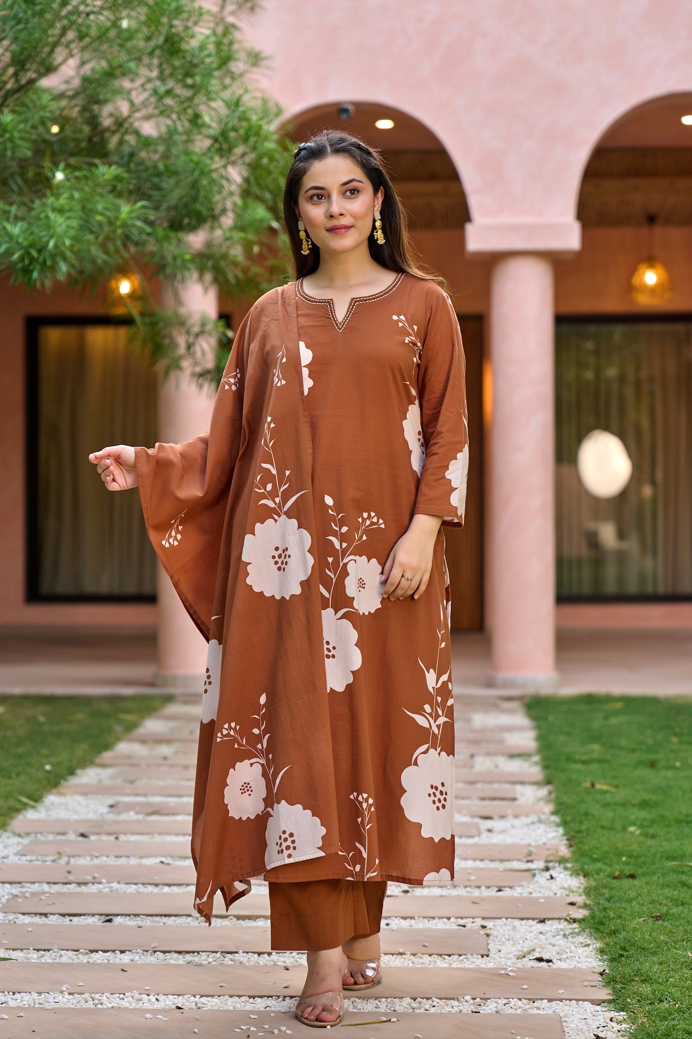 Rust Muslin Printed Readymade Suit