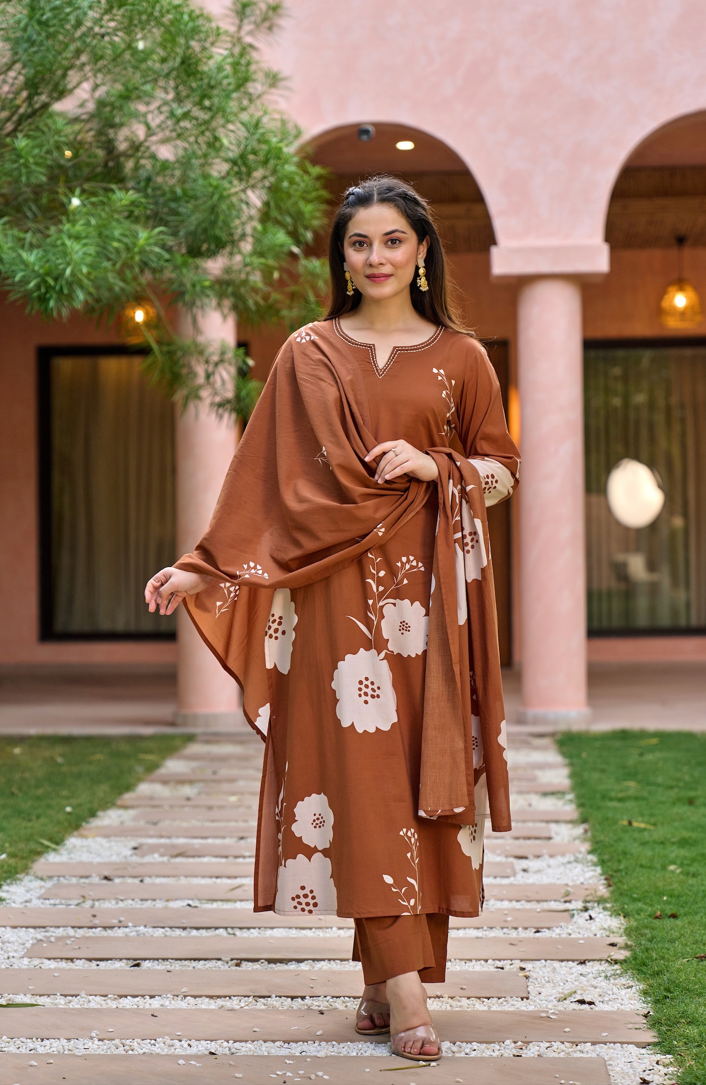 Rust Muslin Printed Readymade Suit