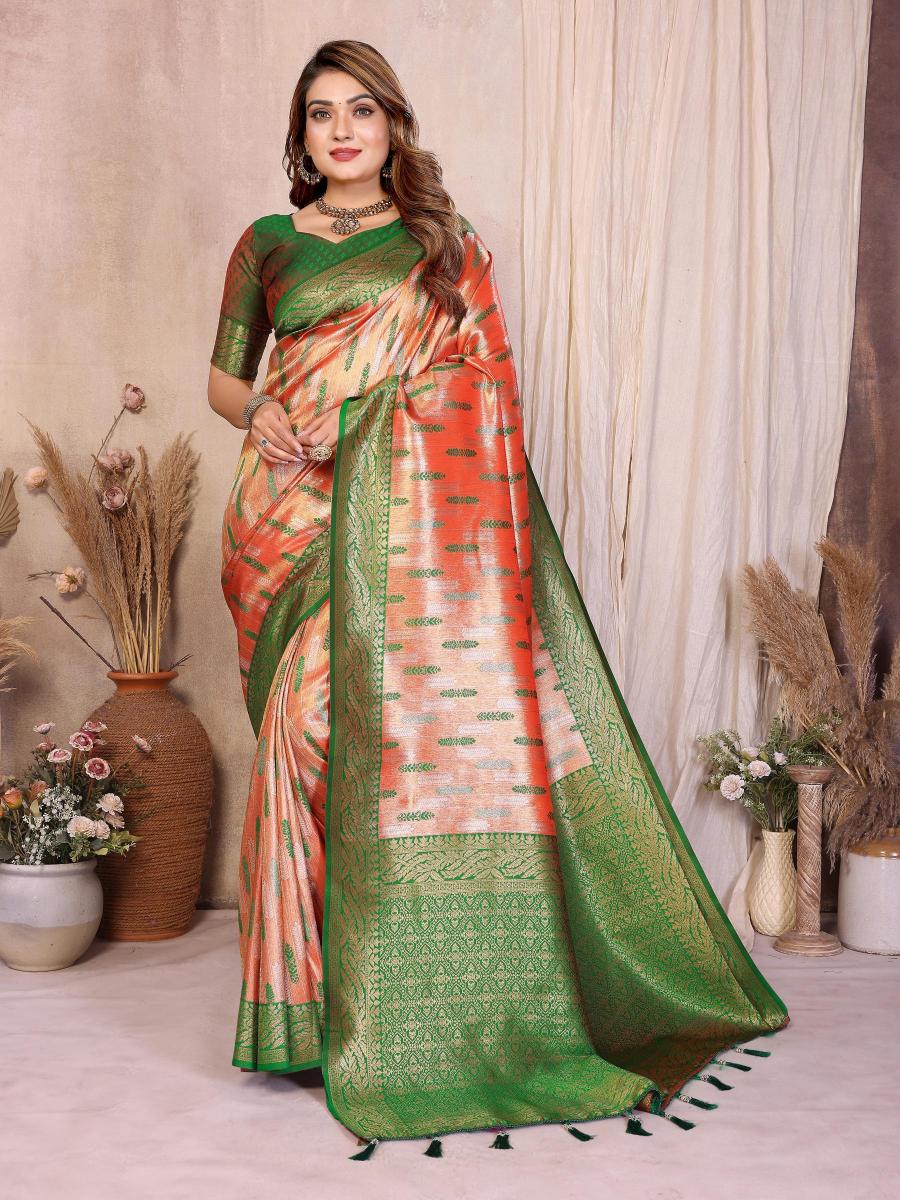 Rust N Green Banarasi Tissue Silk Saree