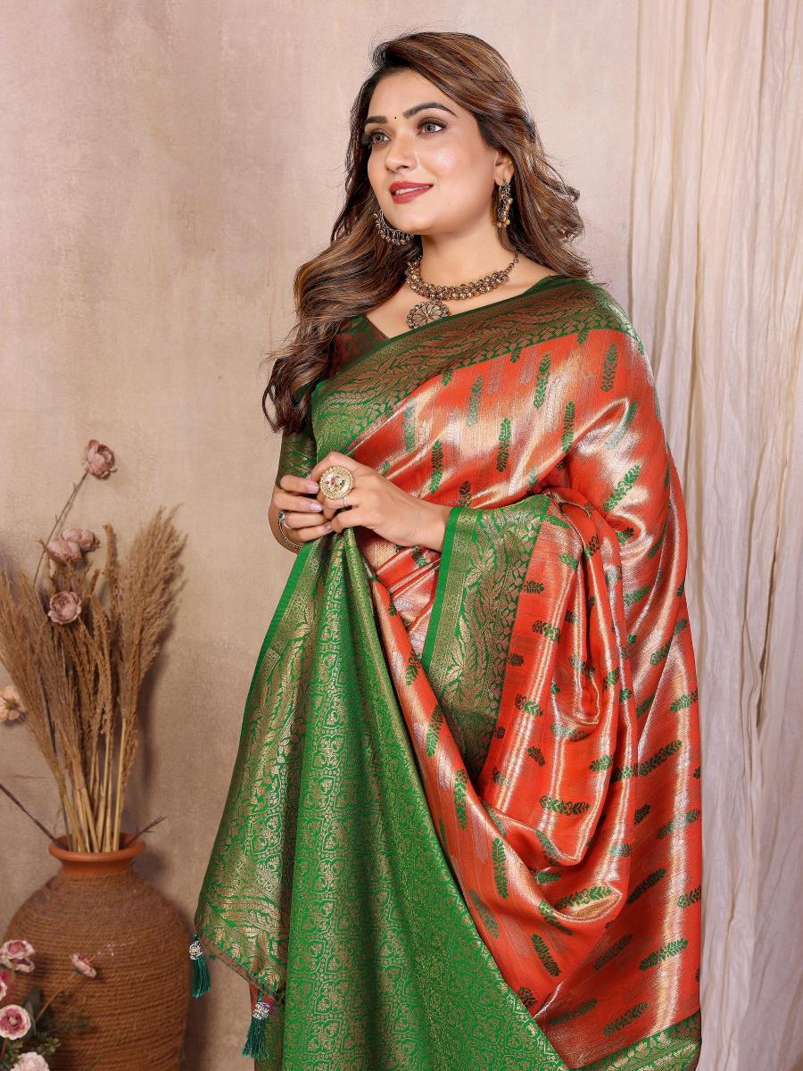 Rust N Green Banarasi Tissue Silk Saree — alternate view
