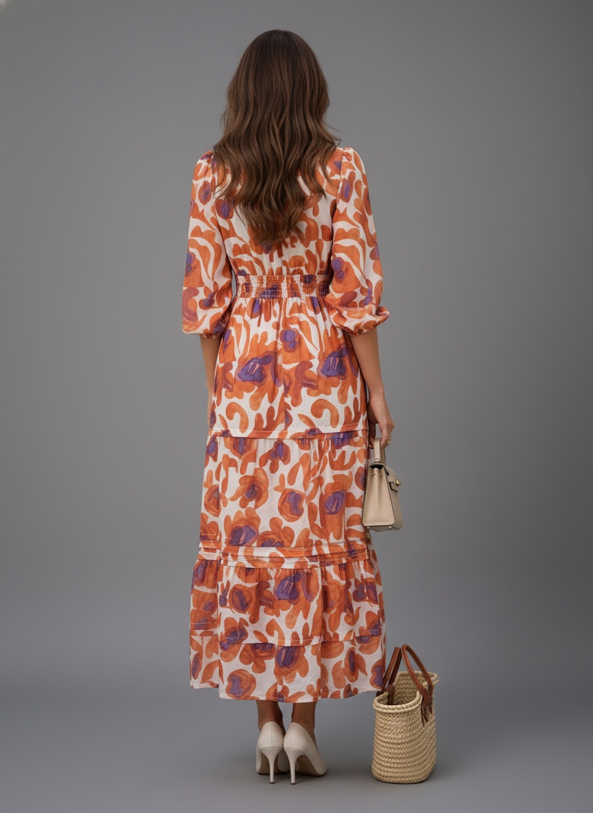Rust Orange Abstract Printed Muslin Tiered Dress — alternate view