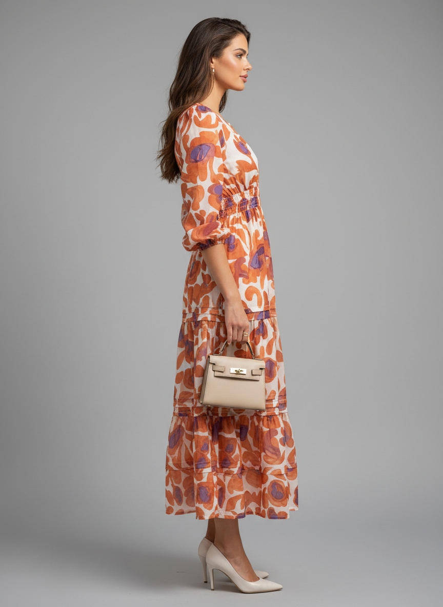 Rust Orange Abstract Printed Muslin Tiered Dress