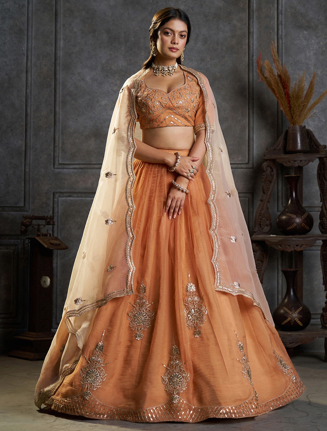 Rust Peach Designer Embroidery Organza Lehenga Choli