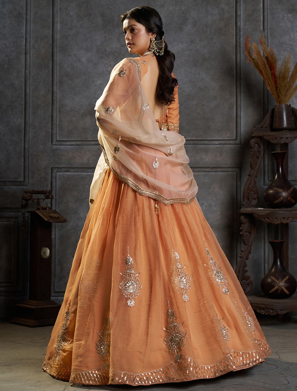 Rust Peach Designer Embroidery Organza Lehenga Choli — alternate view