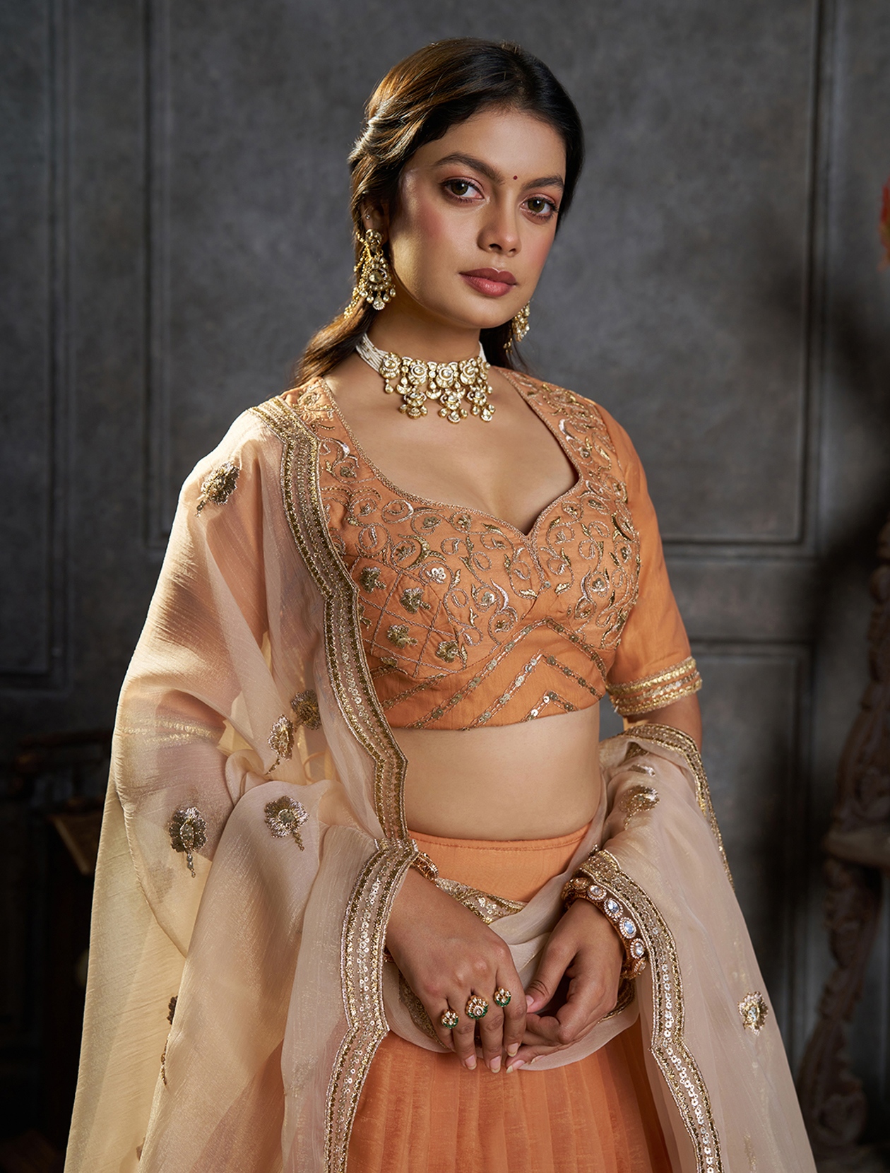 Rust Peach Designer Embroidery Organza Lehenga Choli