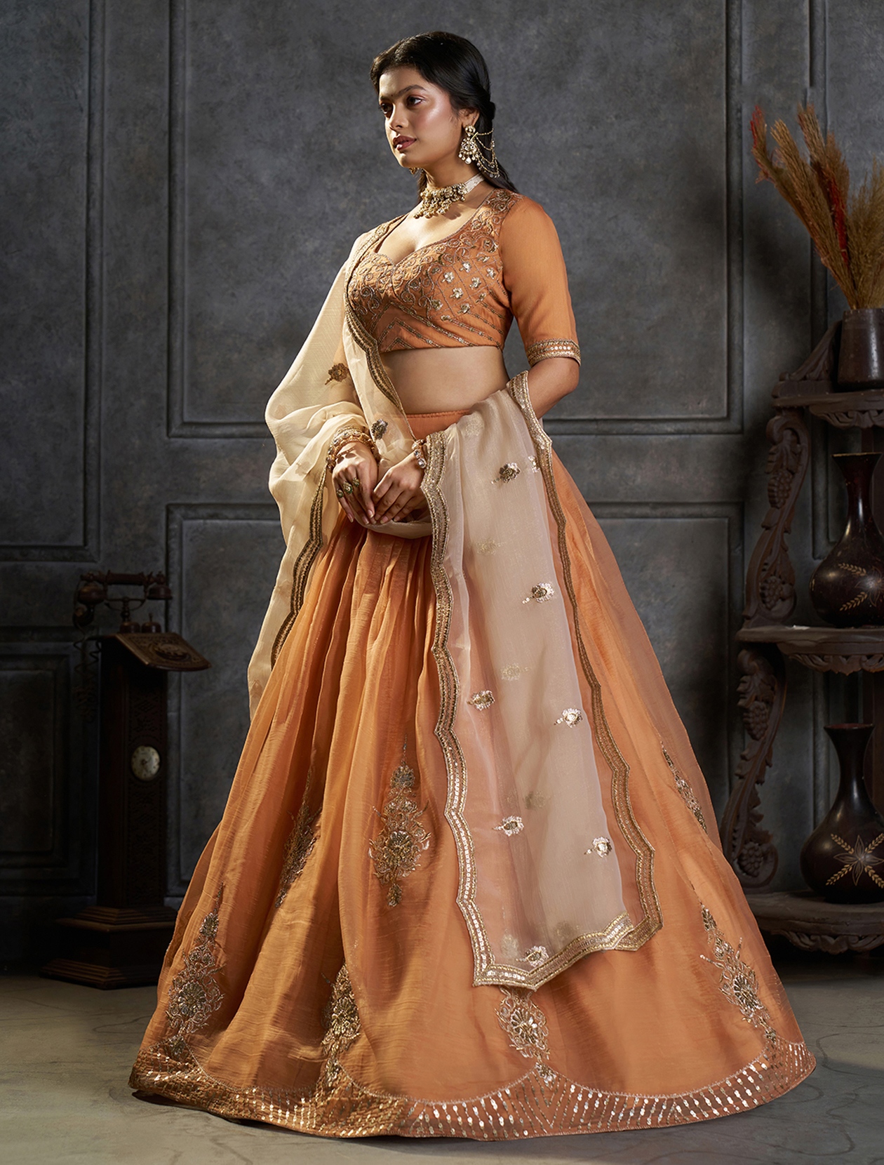 Rust Peach Designer Embroidery Organza Lehenga Choli