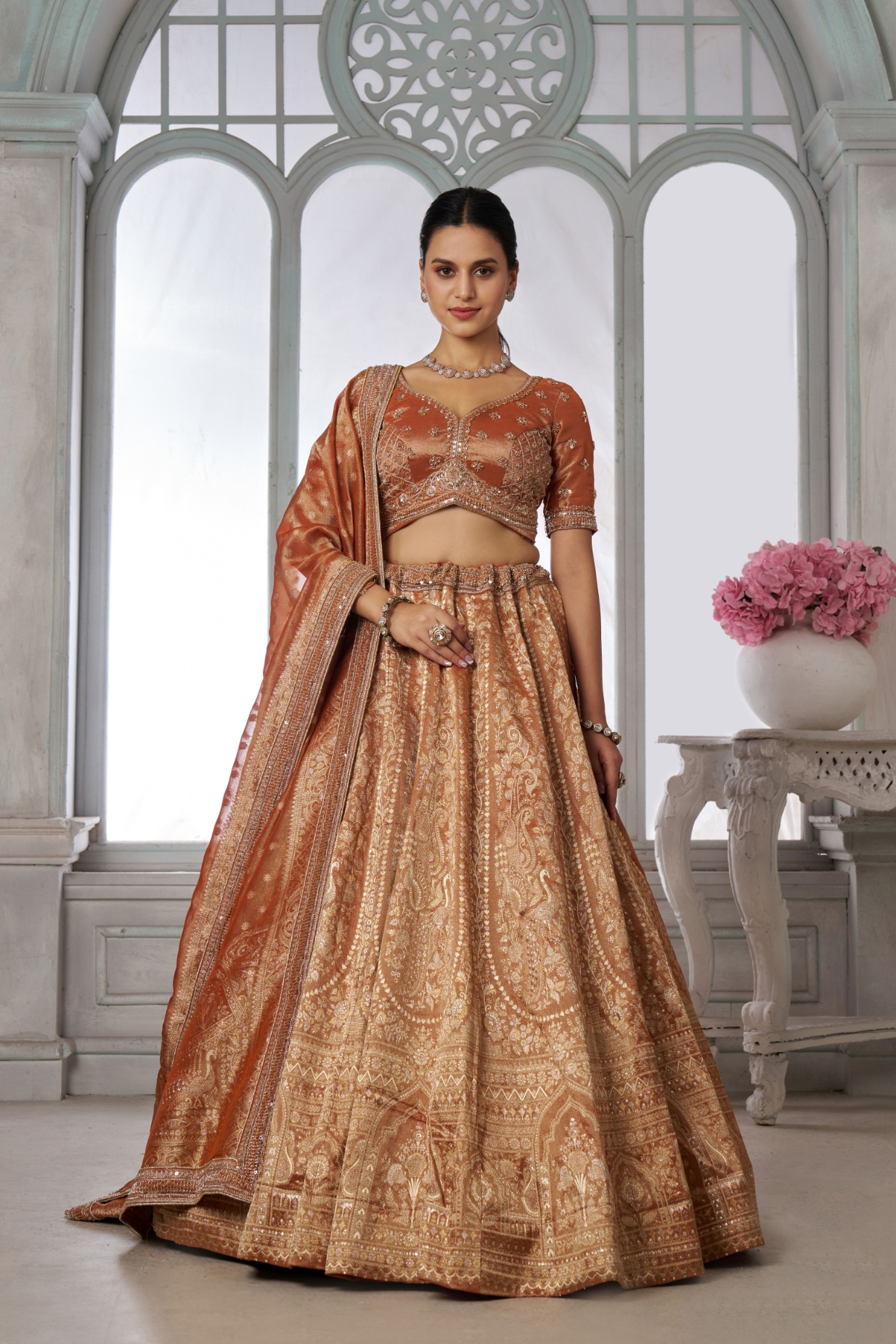 Rust Peacock Embroidered Kanjivaram Lehenga Choli