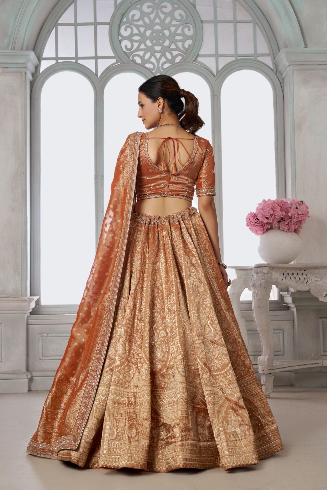 Rust Peacock Embroidered Kanjivaram Lehenga Choli — alternate view