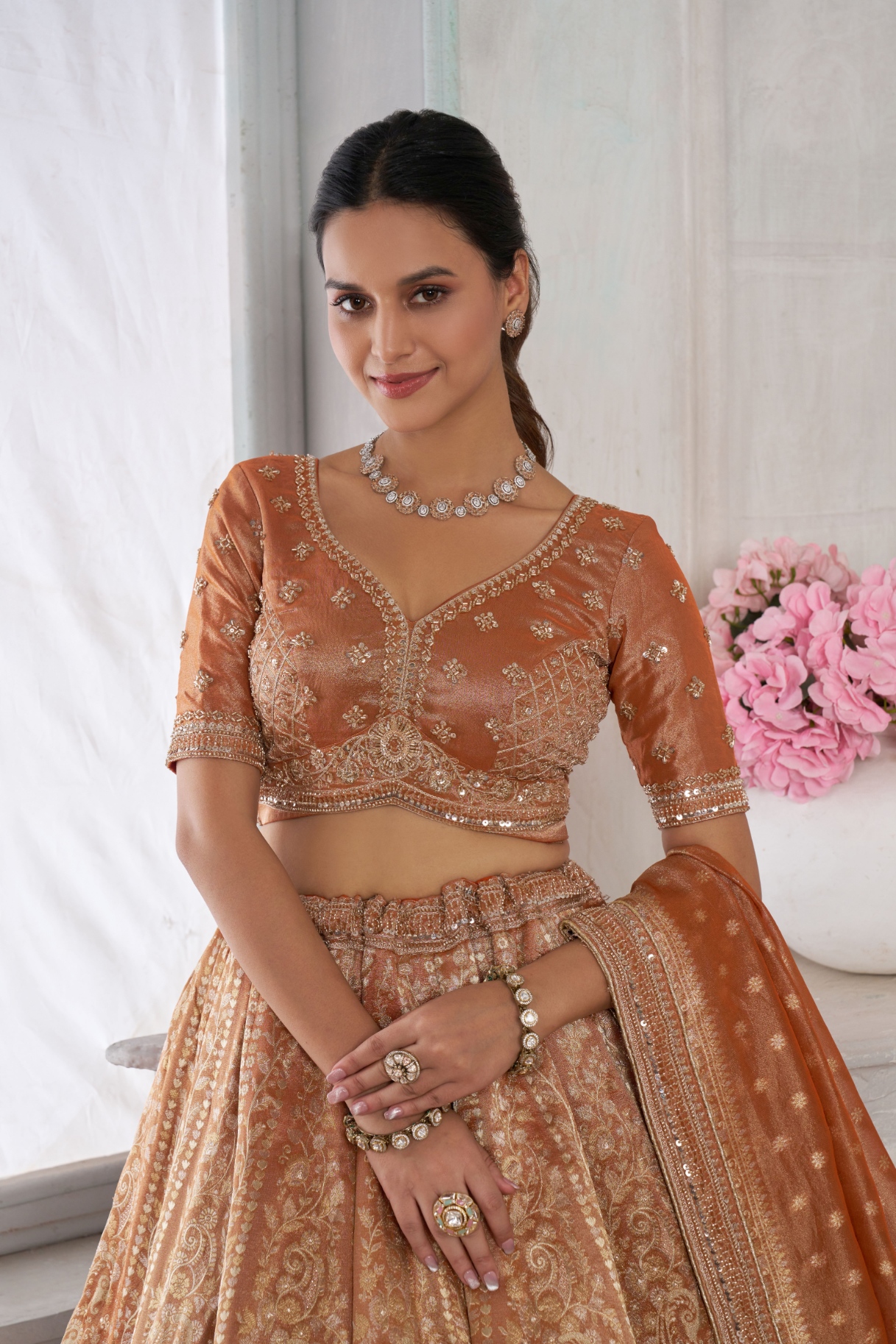 Rust Peacock Embroidered Kanjivaram Lehenga Choli