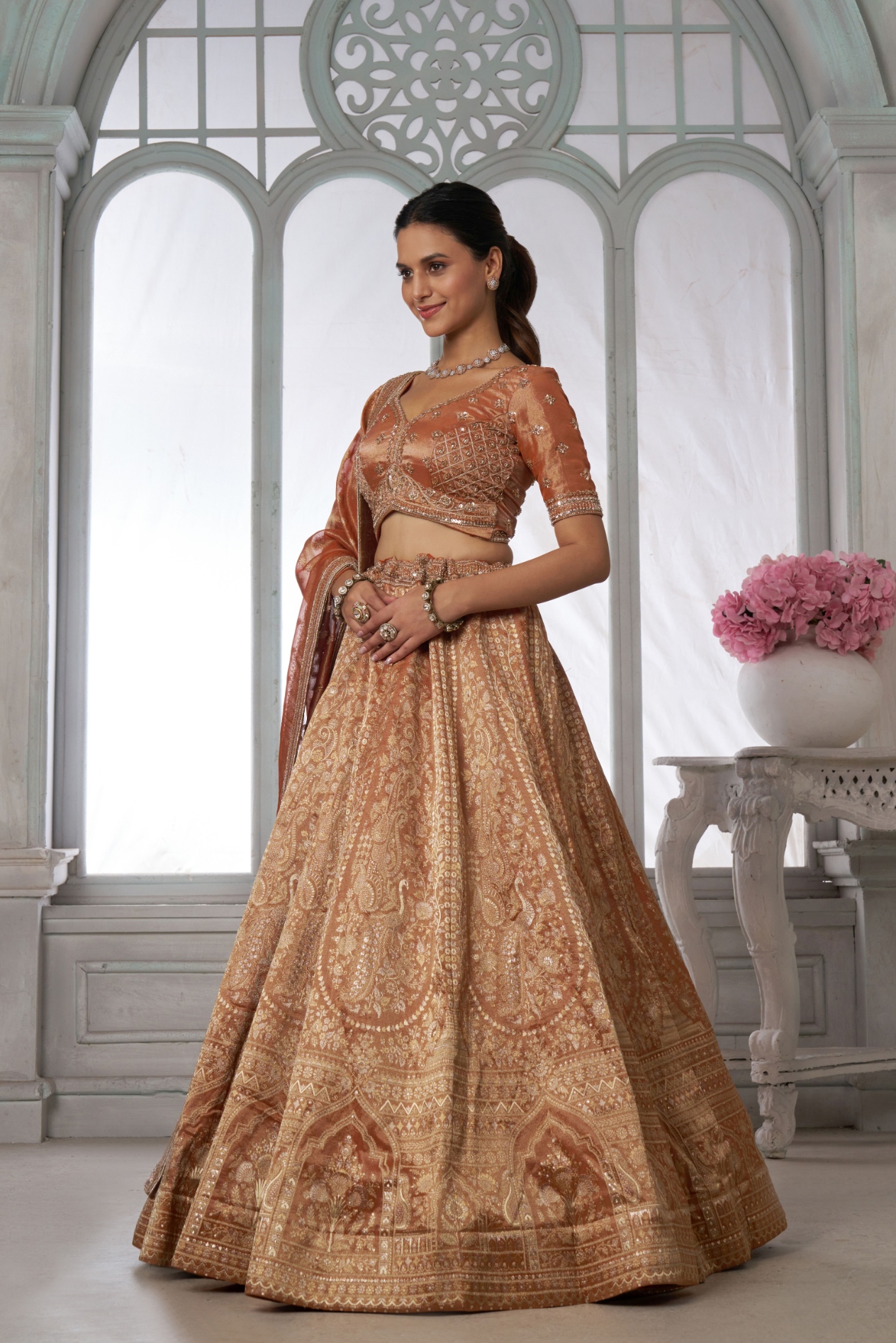 Rust Peacock Embroidered Kanjivaram Lehenga Choli
