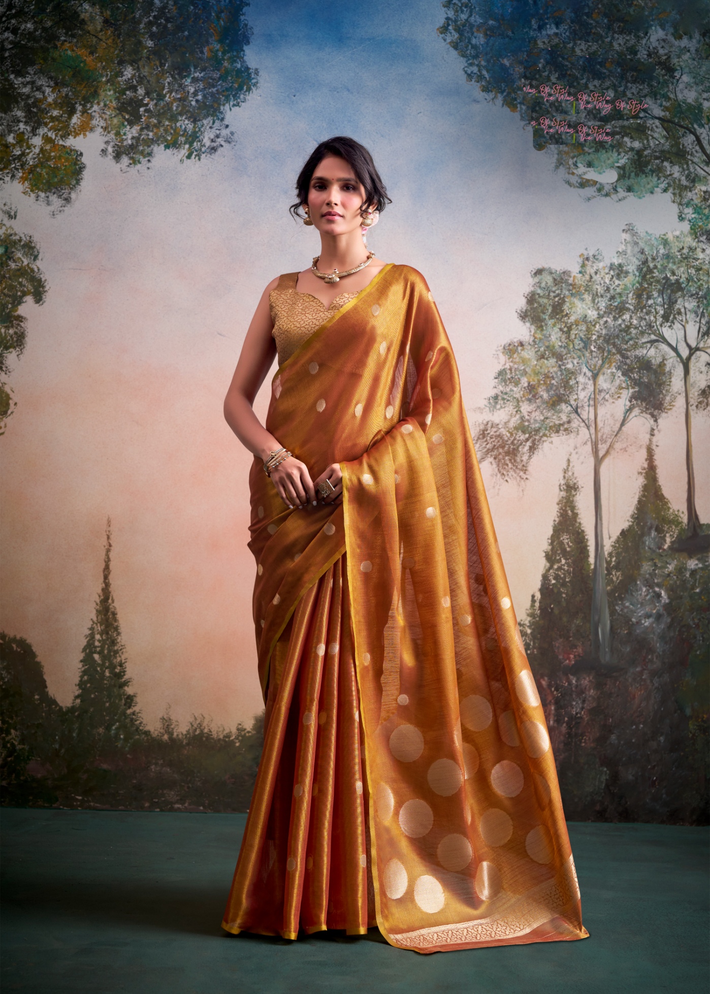 Rust Polka Jacquard Tissue Silk Classic Saree