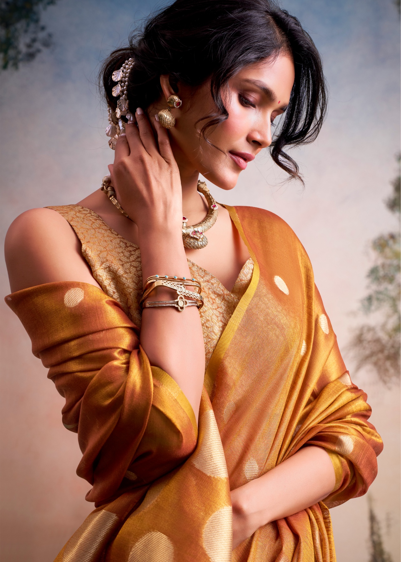 Rust Polka Jacquard Tissue Silk Classic Saree — alternate view