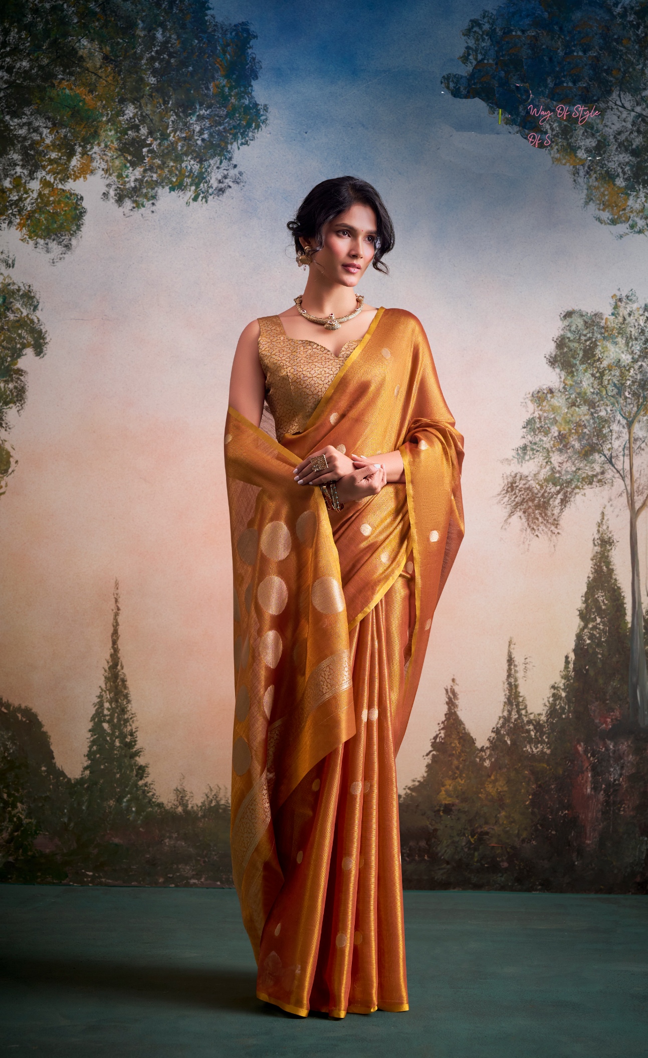 Rust Polka Jacquard Tissue Silk Classic Saree