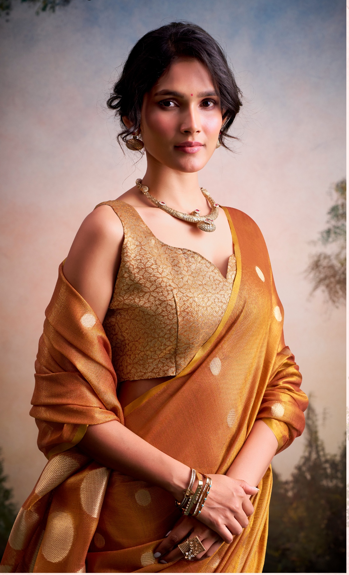 Rust Polka Jacquard Tissue Silk Classic Saree