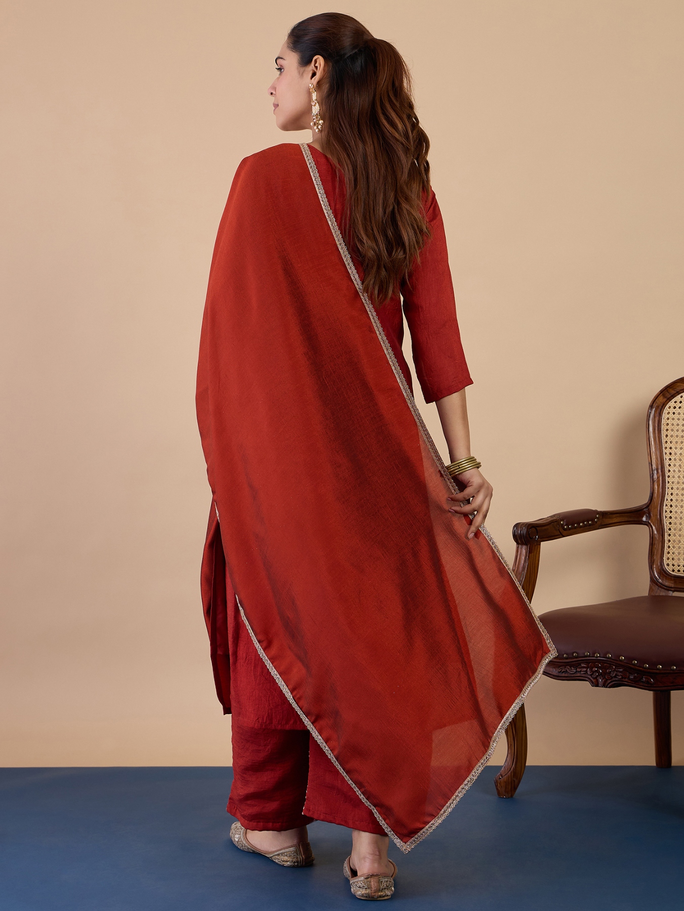 Rust Printed Silk Blend Straight Suit — alternate view