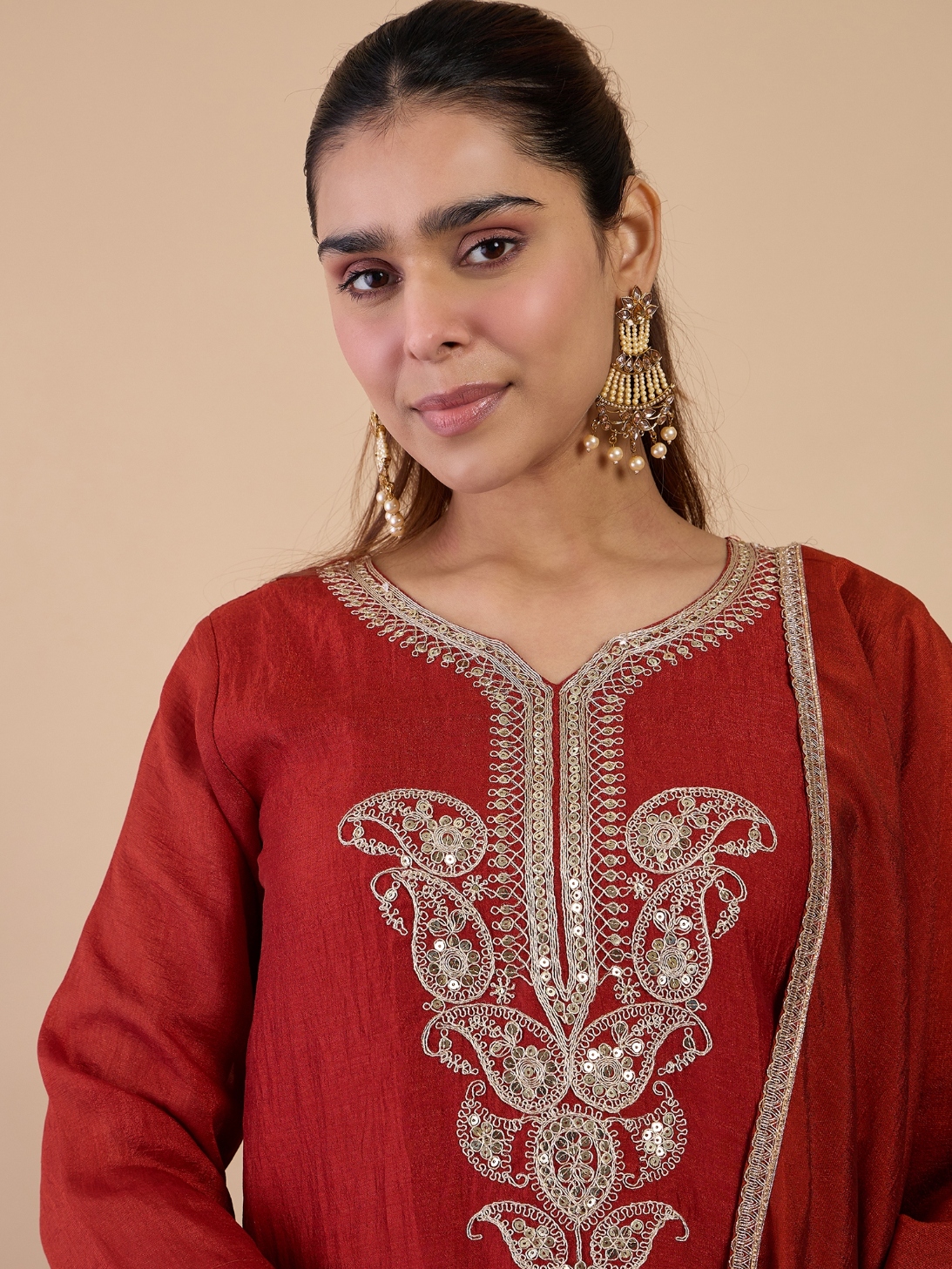 Rust Printed Silk Blend Straight Suit