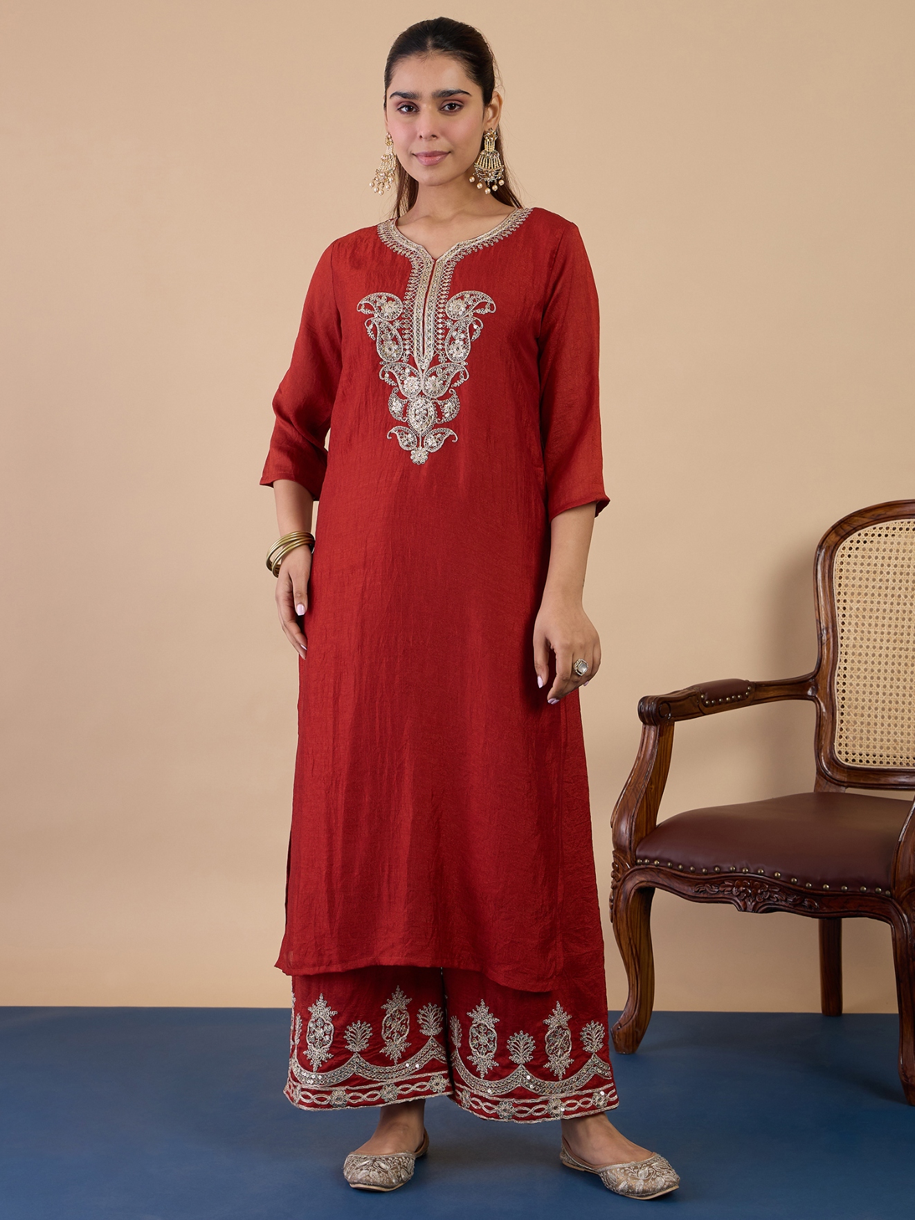 Rust Printed Silk Blend Straight Suit