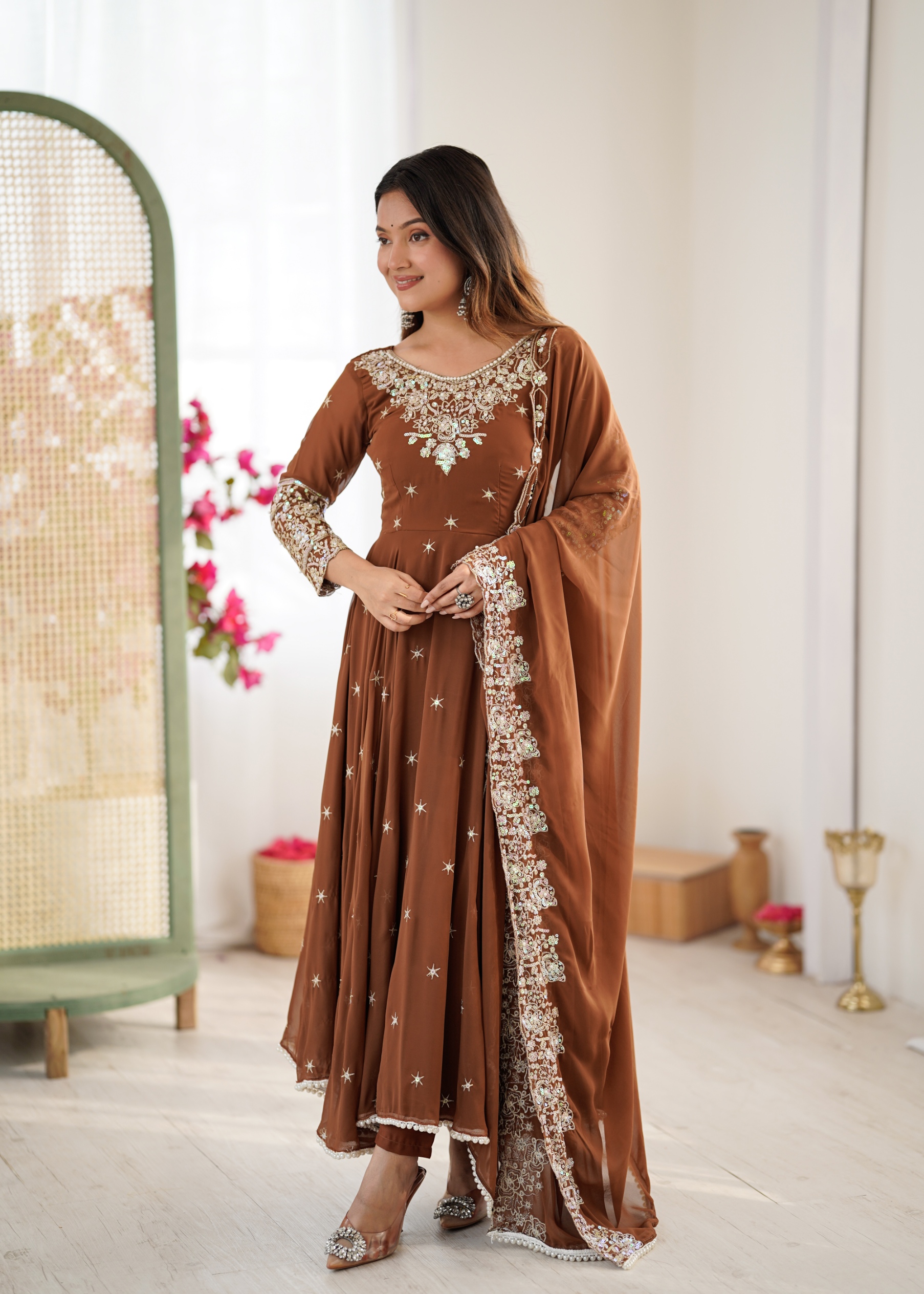 Rust Rainbow Sequins Anarkali Suit