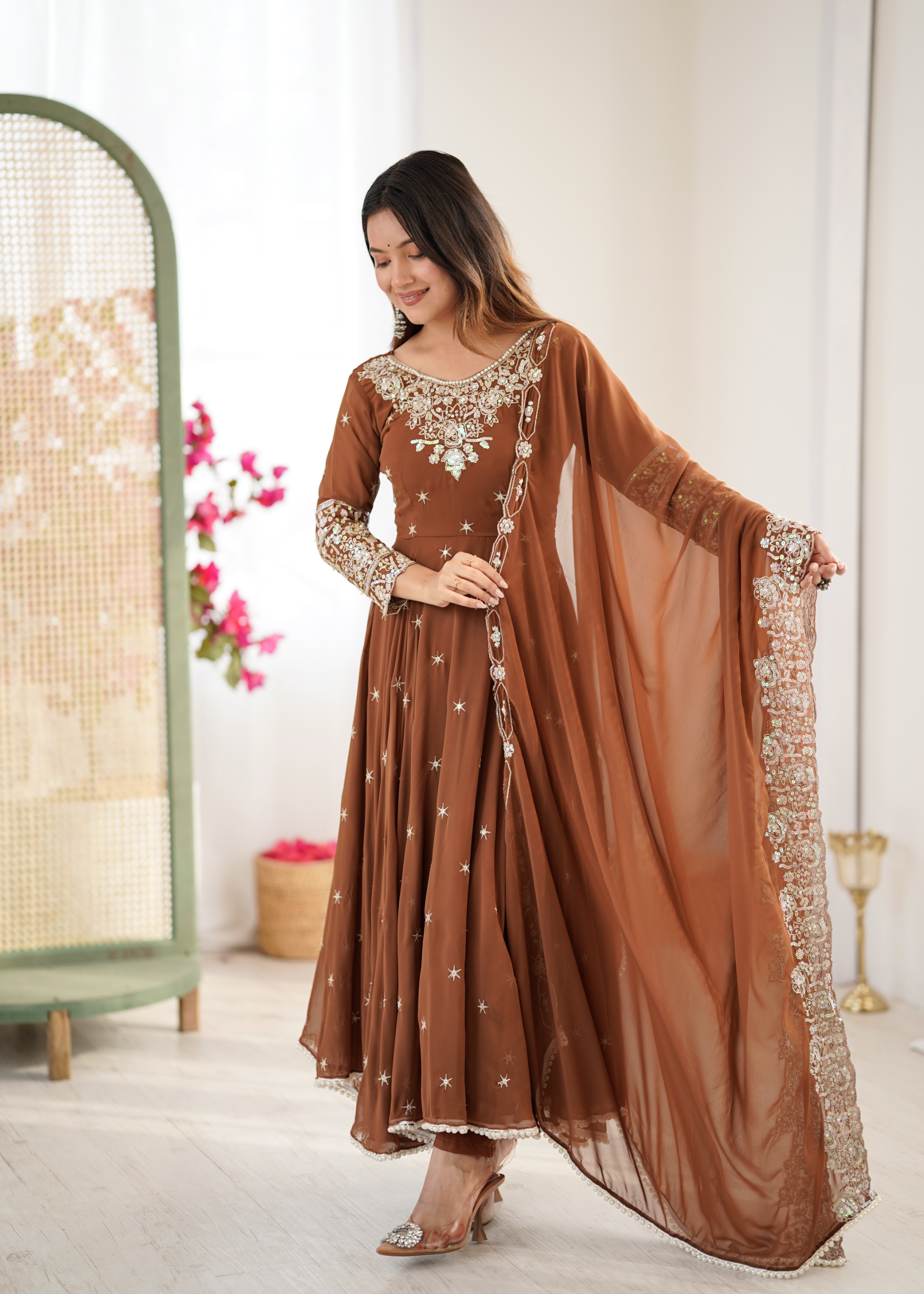 Rust Rainbow Sequins Anarkali Suit