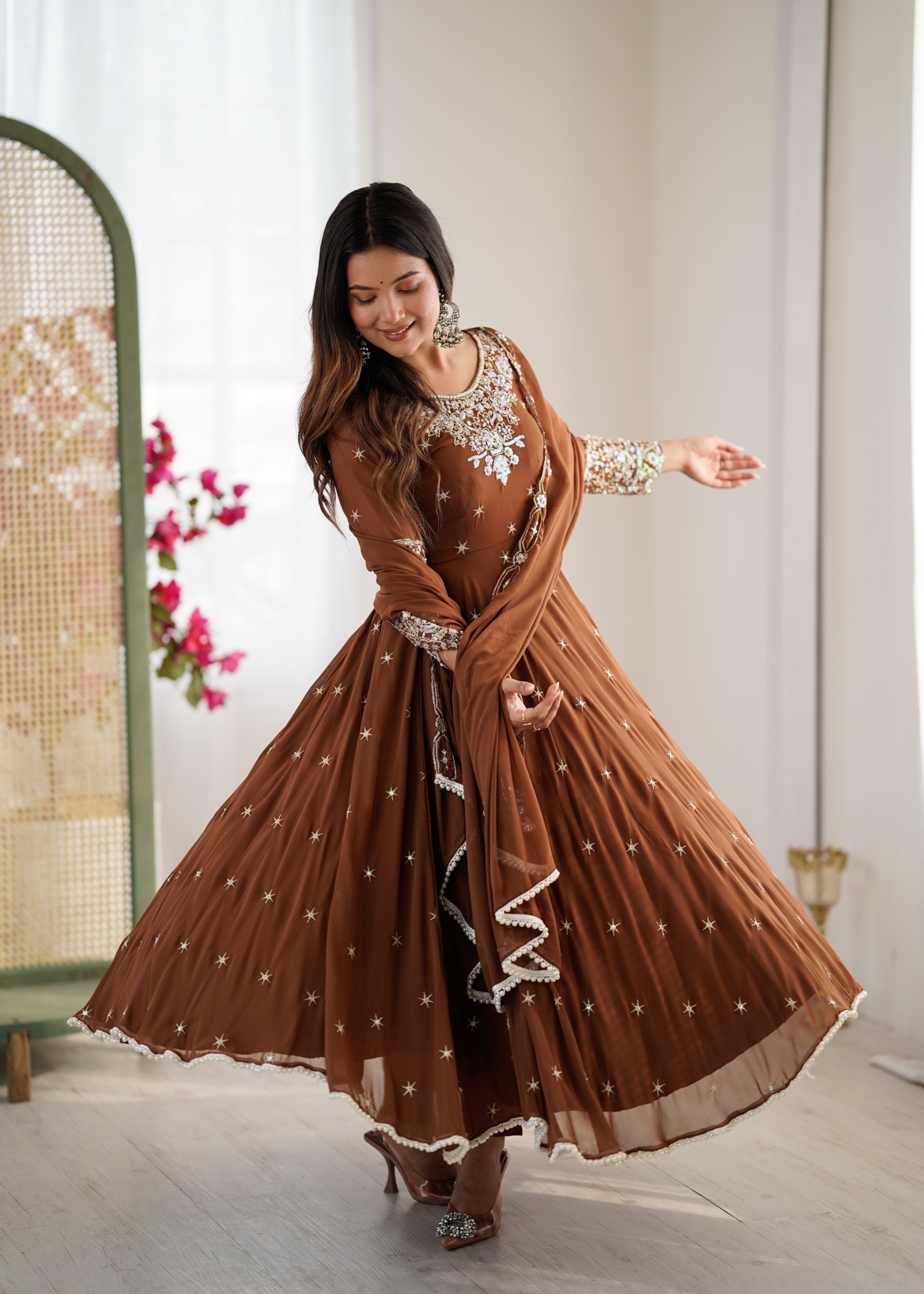 Rust Rainbow Sequins Anarkali Suit
