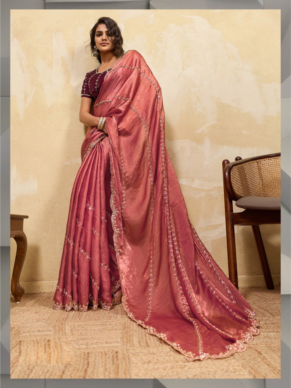Rust Red Botanical Zari Metallic Velvet Satin Saree