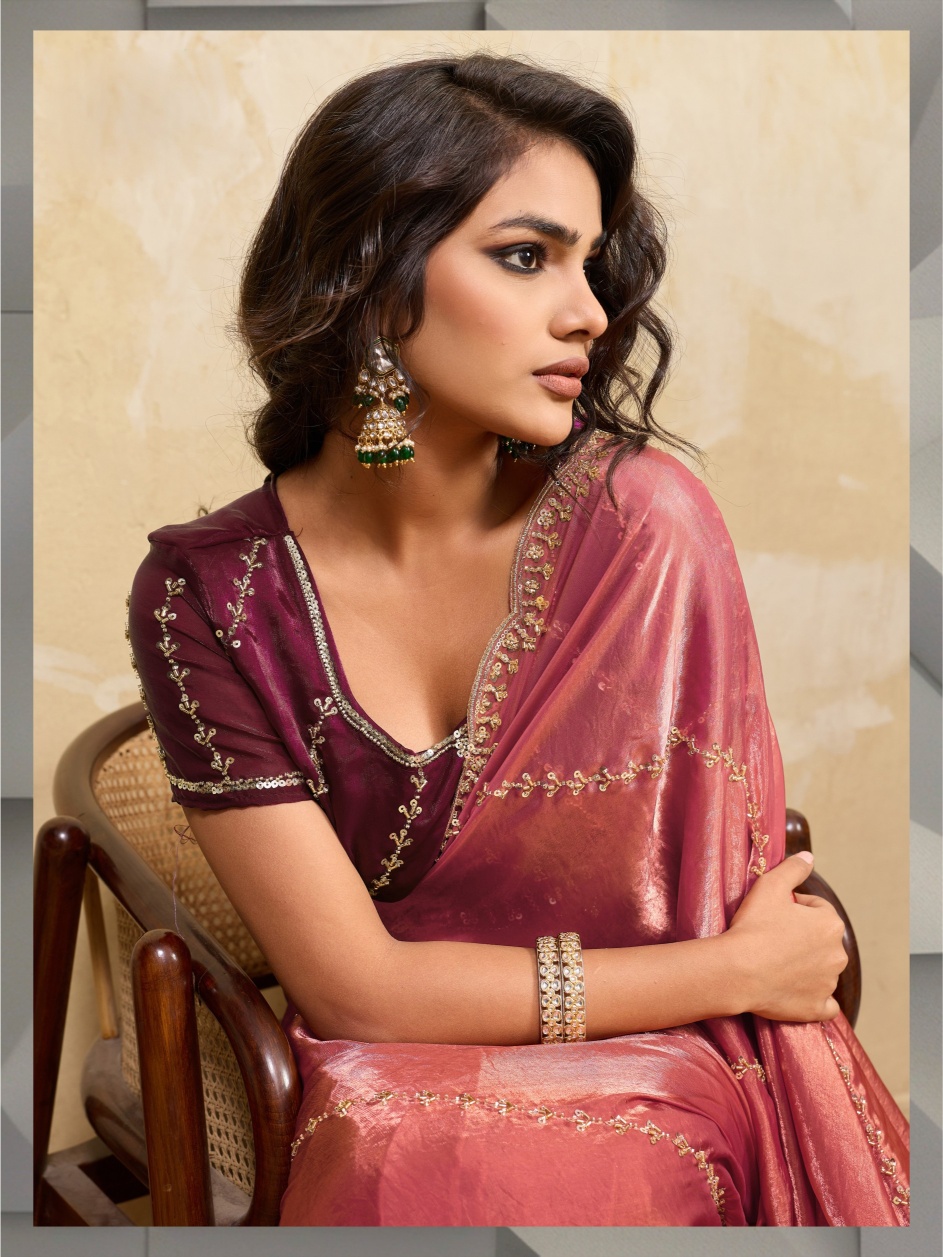 Rust Red Botanical Zari Metallic Velvet Satin Saree — alternate view