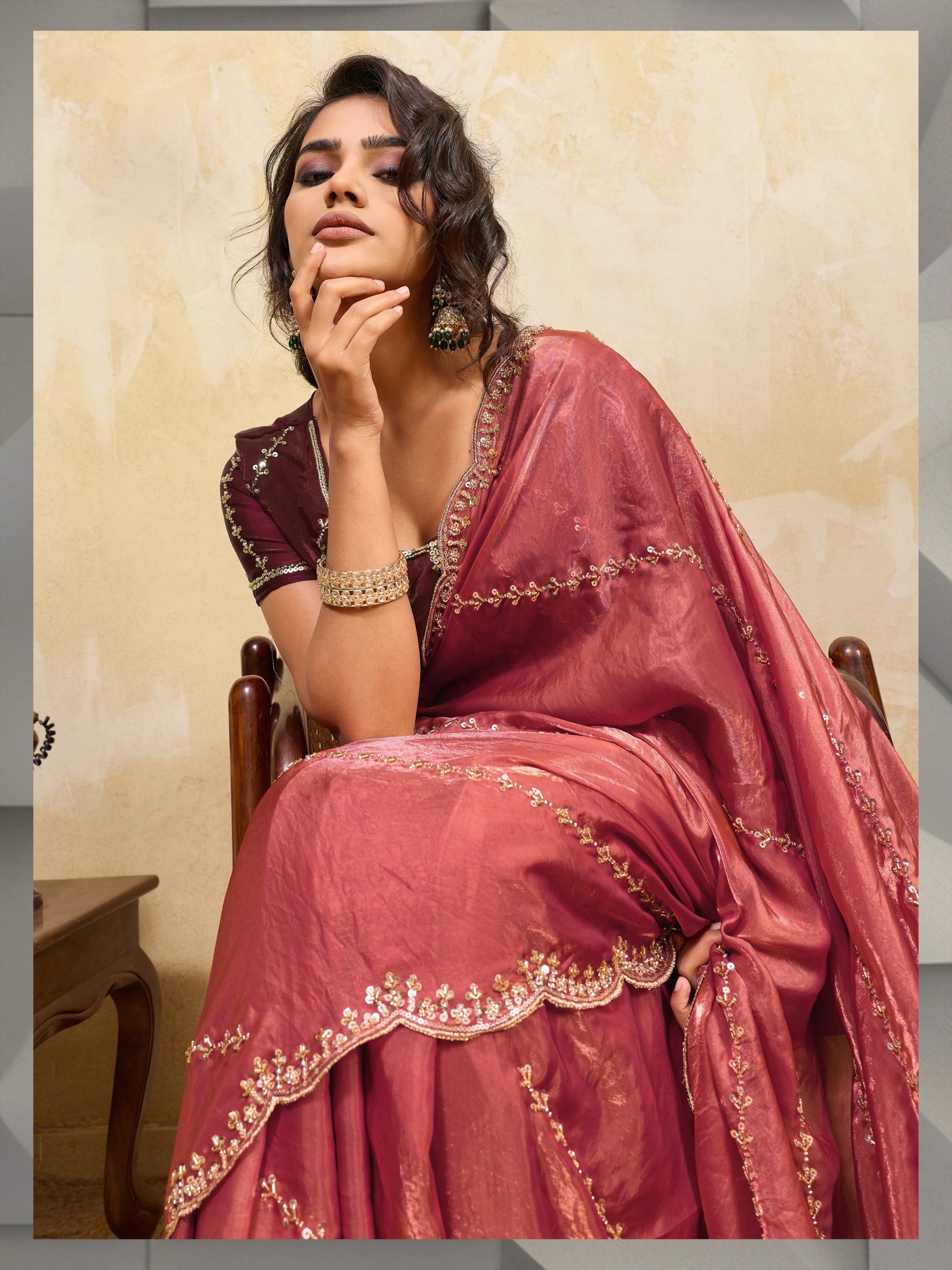 Rust Red Botanical Zari Metallic Velvet Satin Saree
