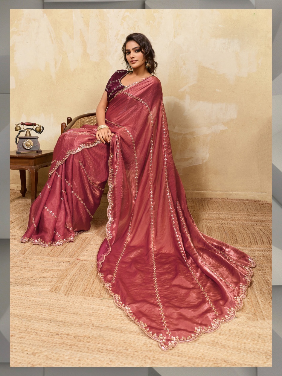 Rust Red Botanical Zari Metallic Velvet Satin Saree
